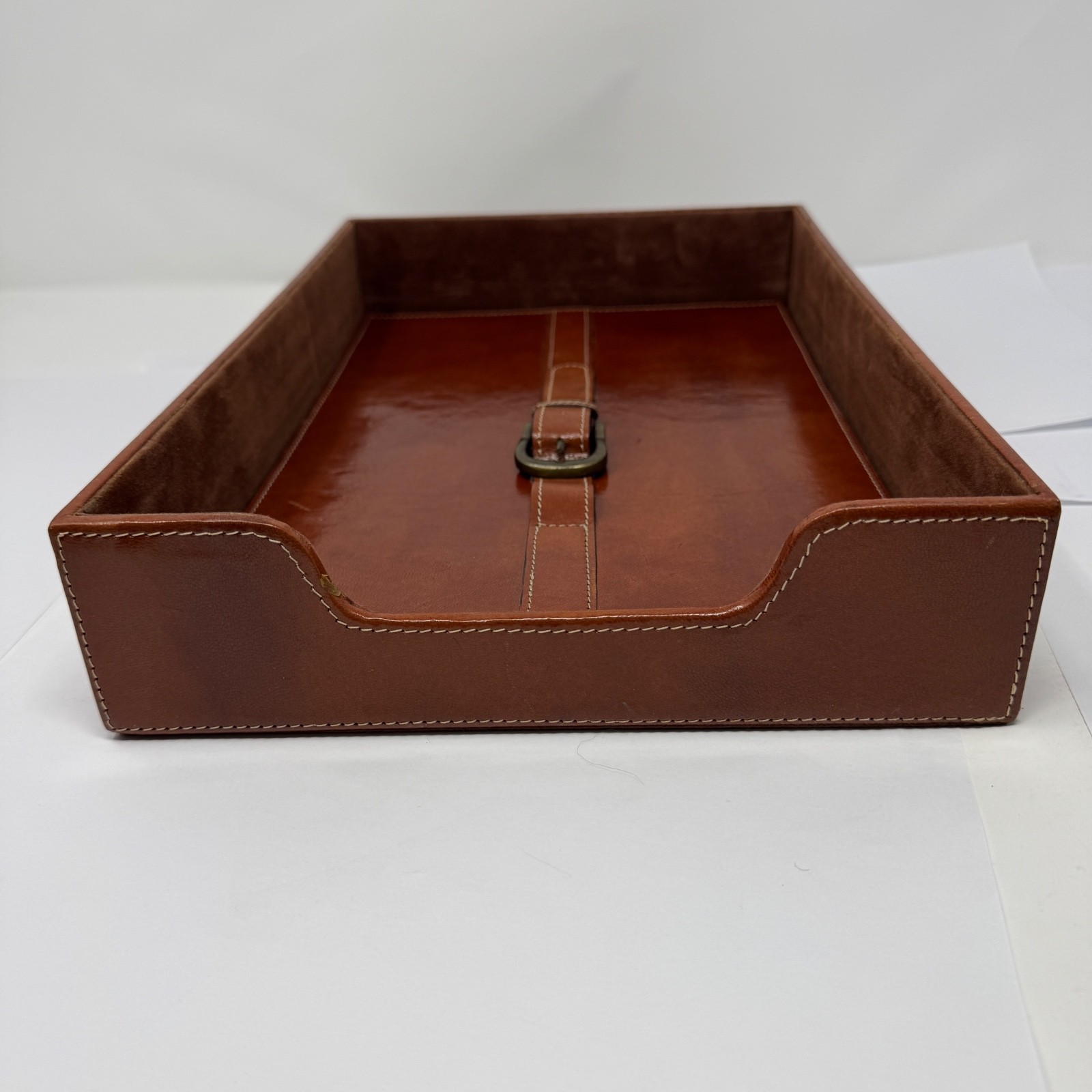 Brown Leather Letter Tray Desk Paper Organizer Belt Buckle Detail India 14×9