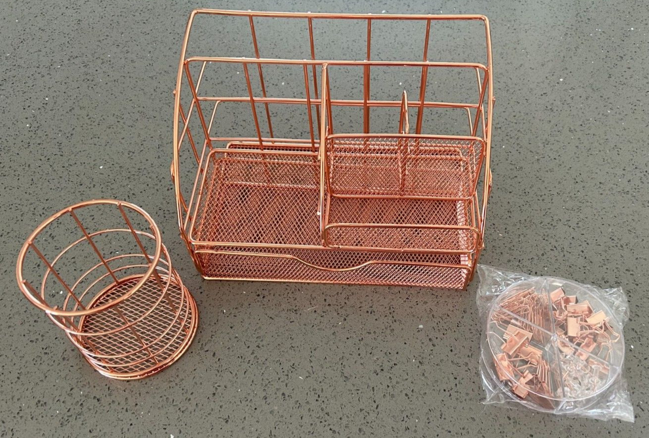 Rose Gold Desk Organizer Set for Office Supplies Pen/Pencil Holder, Clips New