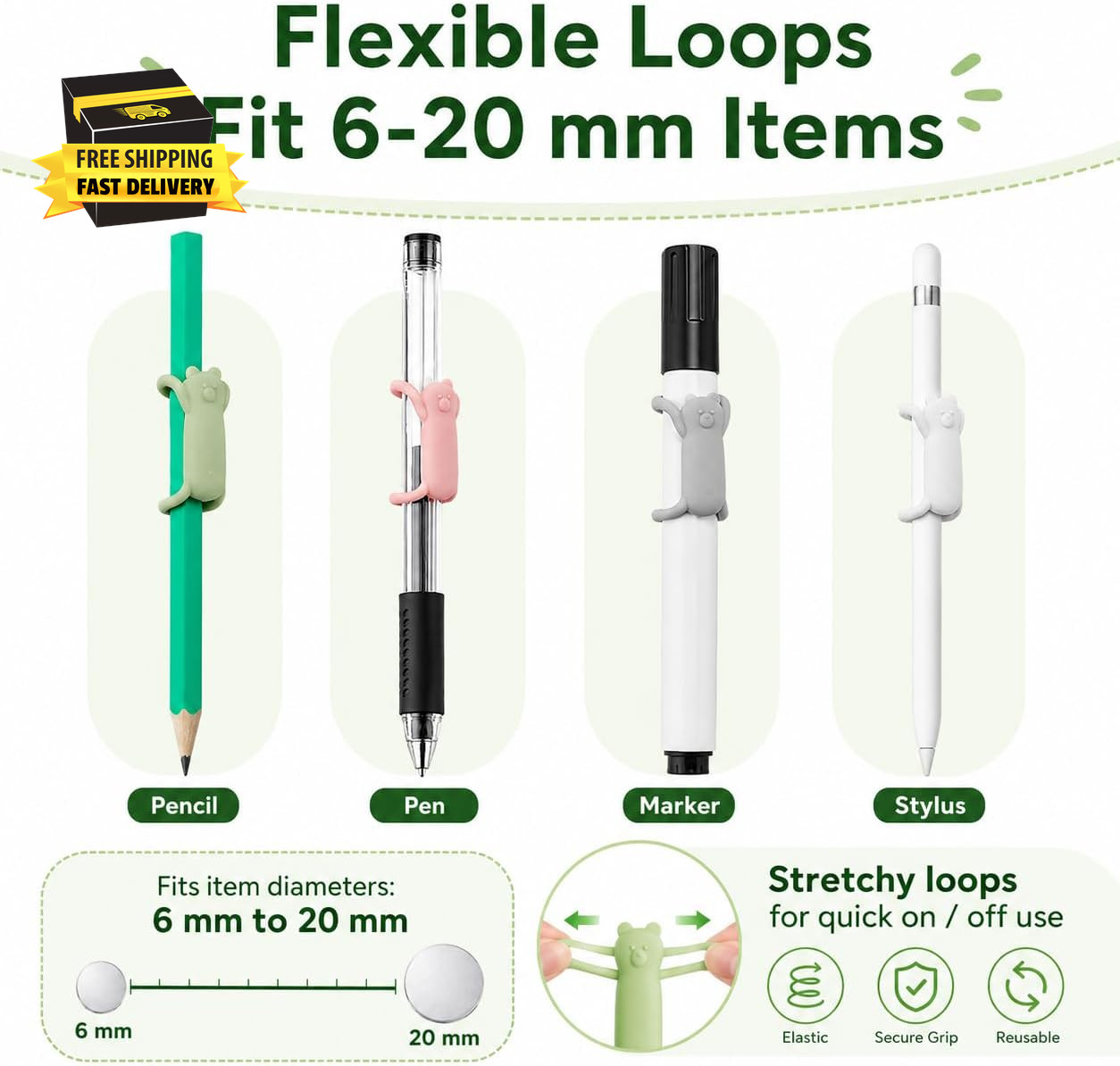 4 Pcs Magnetic Pen Holder for Refrigerator, Silicone Adjustable Pen Pencil Holde