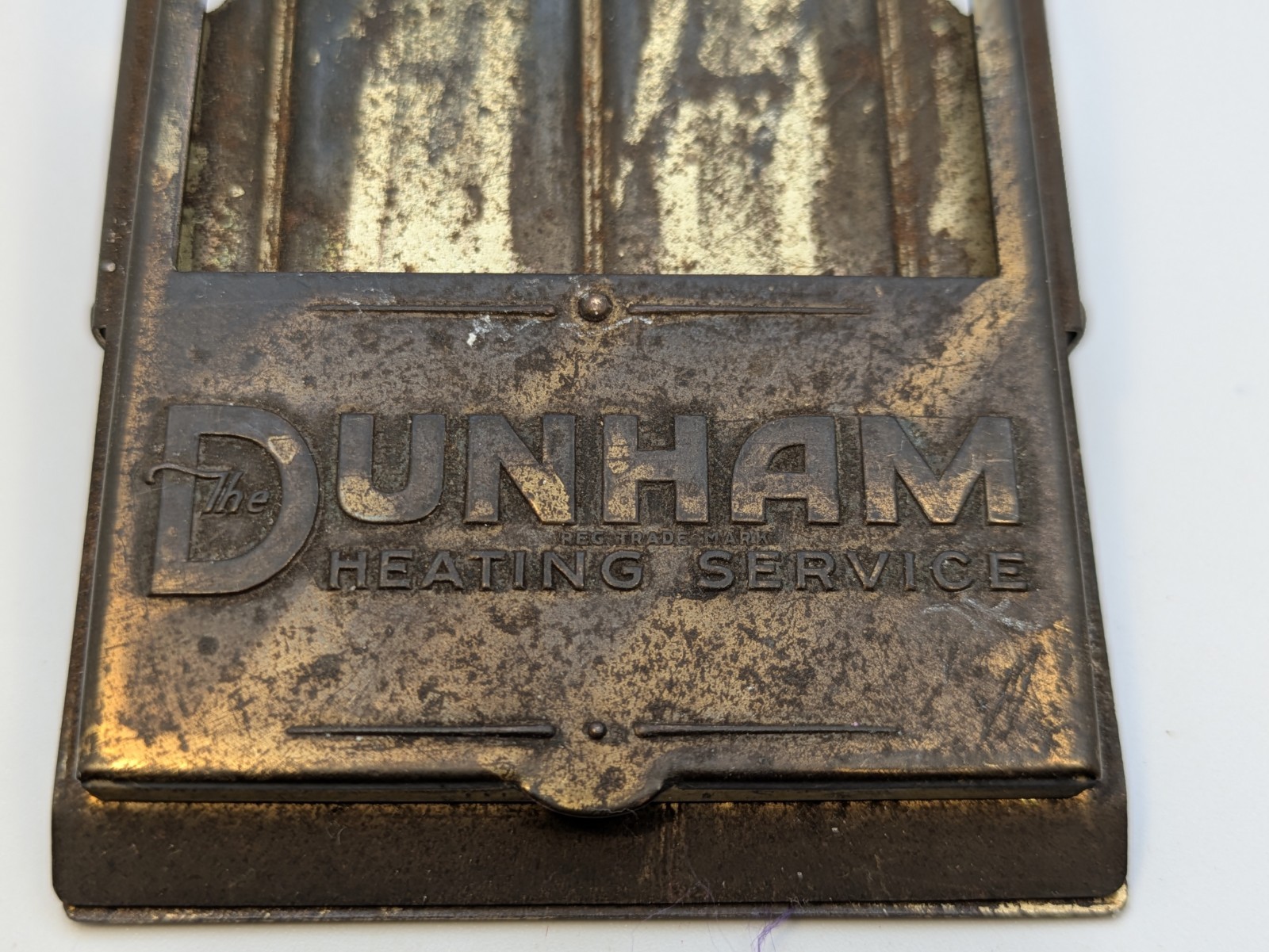 Vintage Brass The Dunham Heating Service Advertising Desk Clip w Lift Up Window