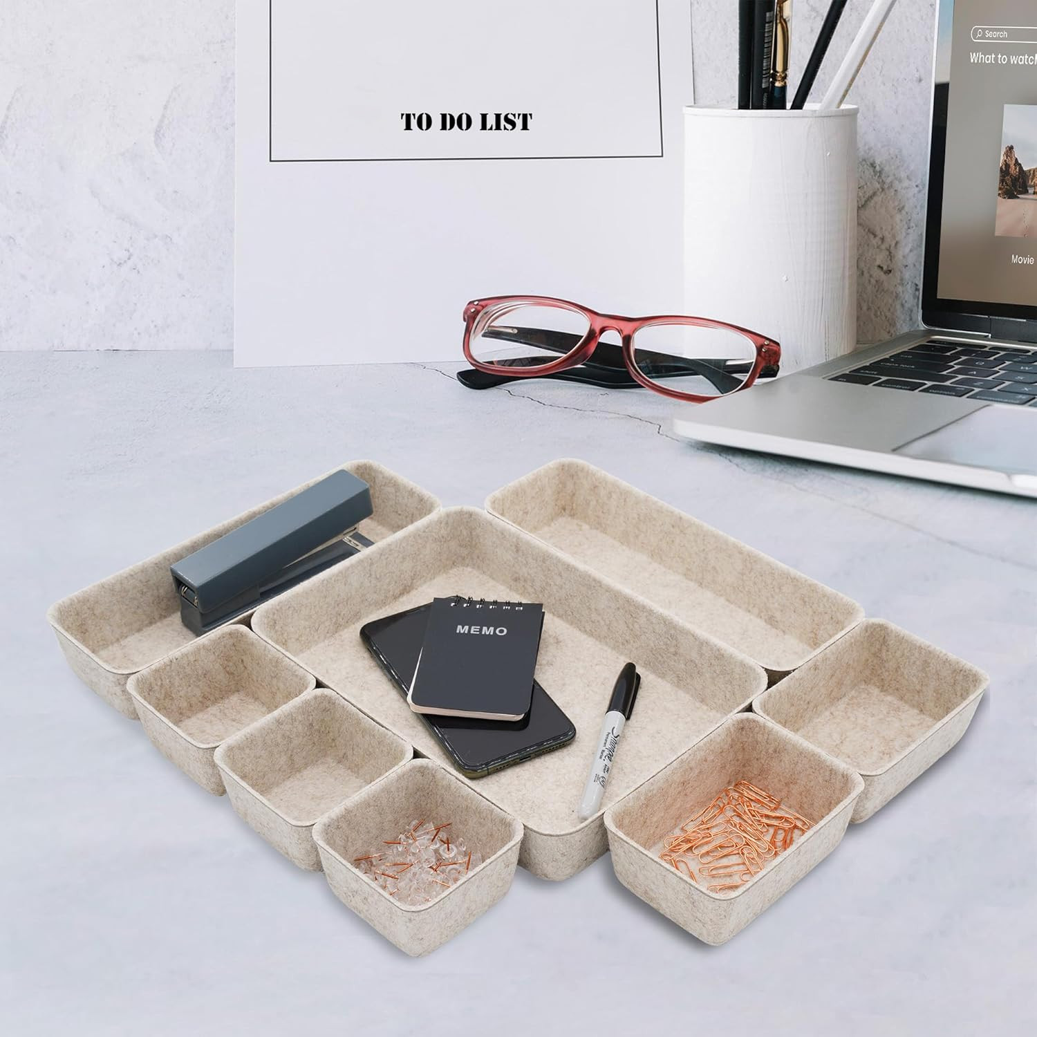 Desk Drawer Organizer Tray Set 8 Piece Beige Office Storage Oatmeal