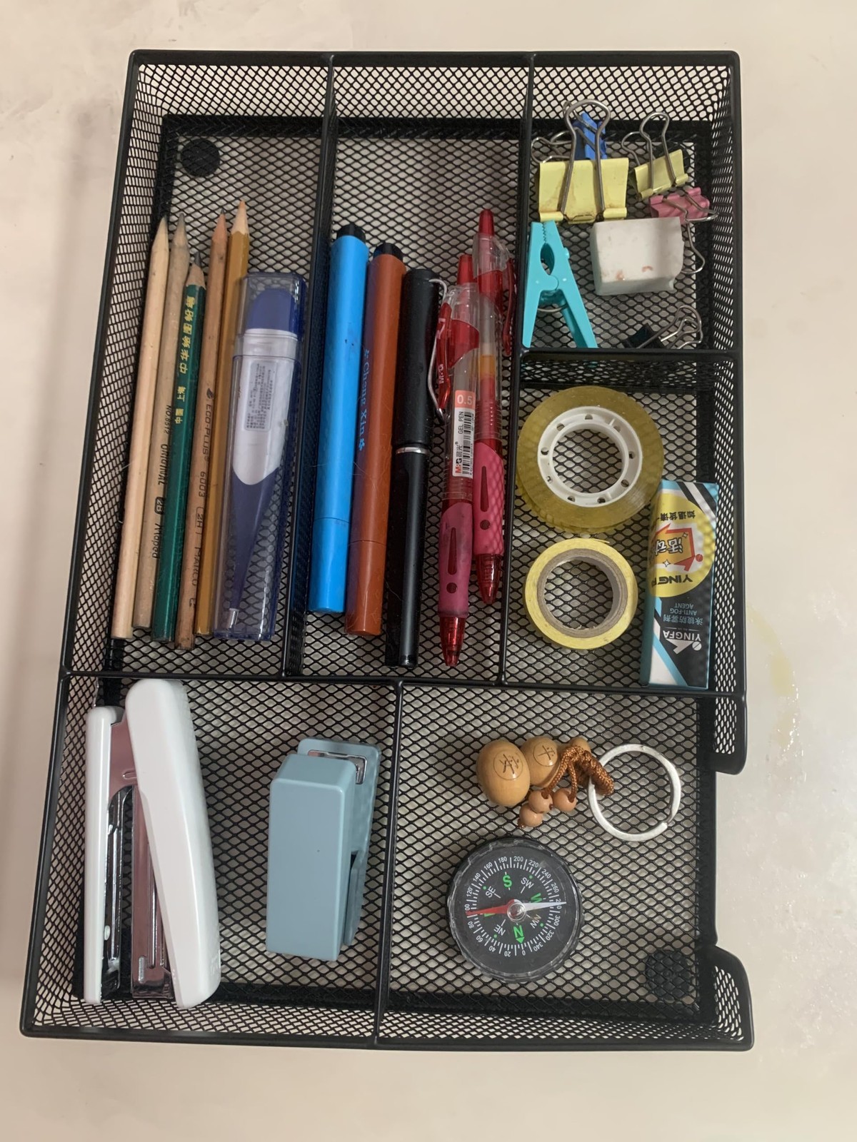 Black Mesh Desk Drawer Organizer Tray 6 Compartment 12.6×8.27×1.57 Inch