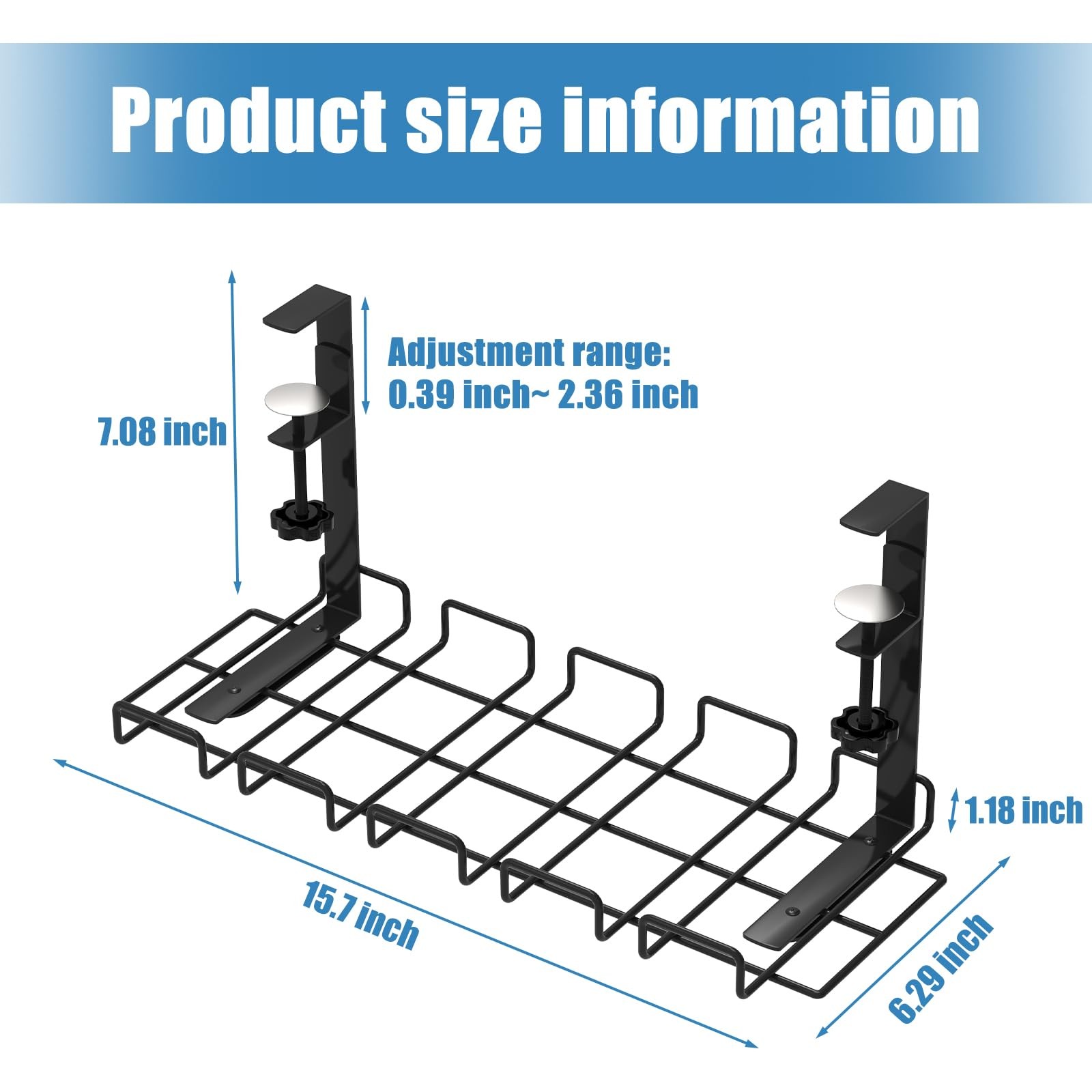 Under Desk Cable Management Tray, No Drill Steel Cord 51-Piece, Black