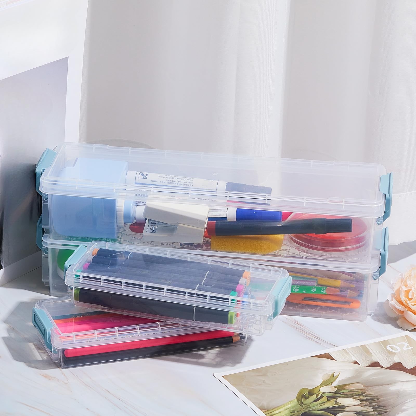 8 Pcs Plastic Pencil Case Stackable Clear Pencil Box with Latching Lid Long