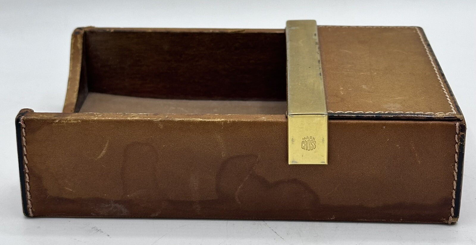 Vintage Mark Cross 4” x 6” Memo Sheet Desk Tray Box Leather & Brass Made Italy