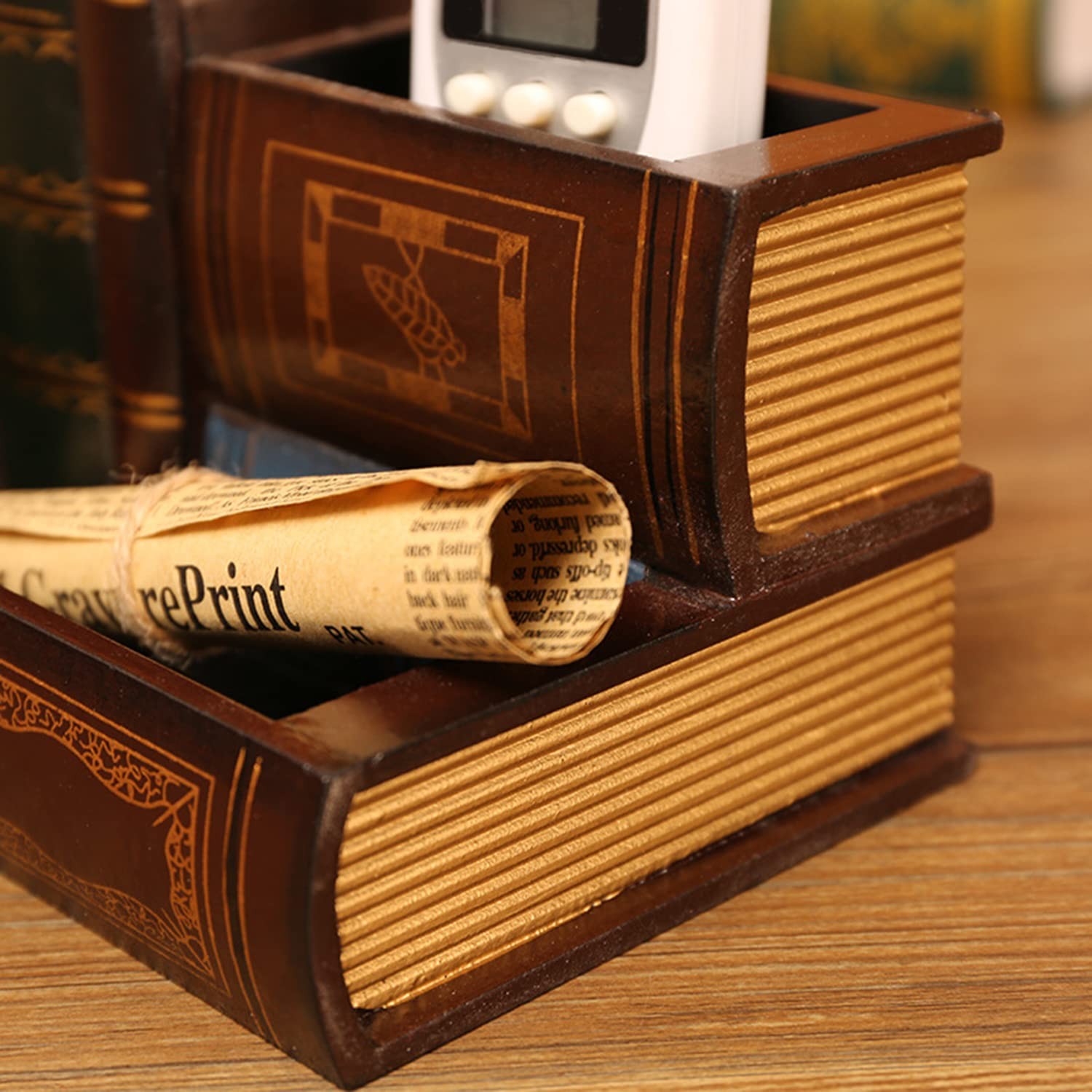 Tosnail Decorative Pen Holder with Storage Compartment, Wooden Pencil Retro