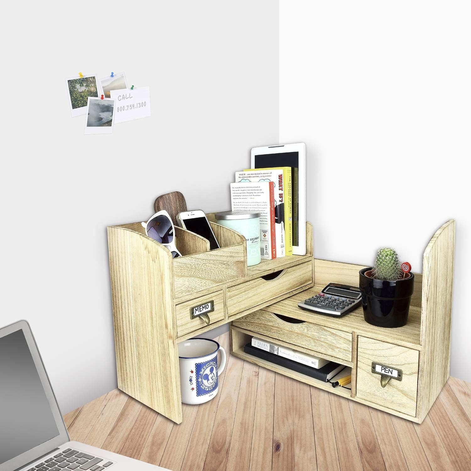 Large Extendable Wooden Desktop Organizer for Office Supplies, Storage Shelf Rac