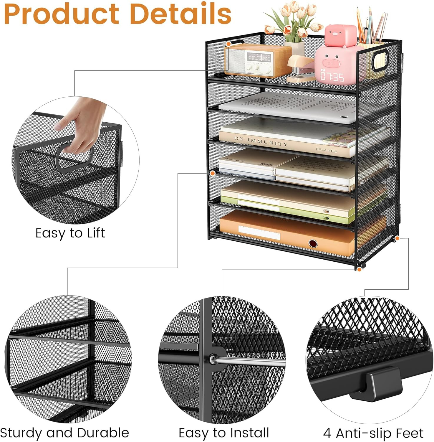 6 Tier Paper File Tray Organizer for Desk, Black Mesh Desk Letter Paper File Fol