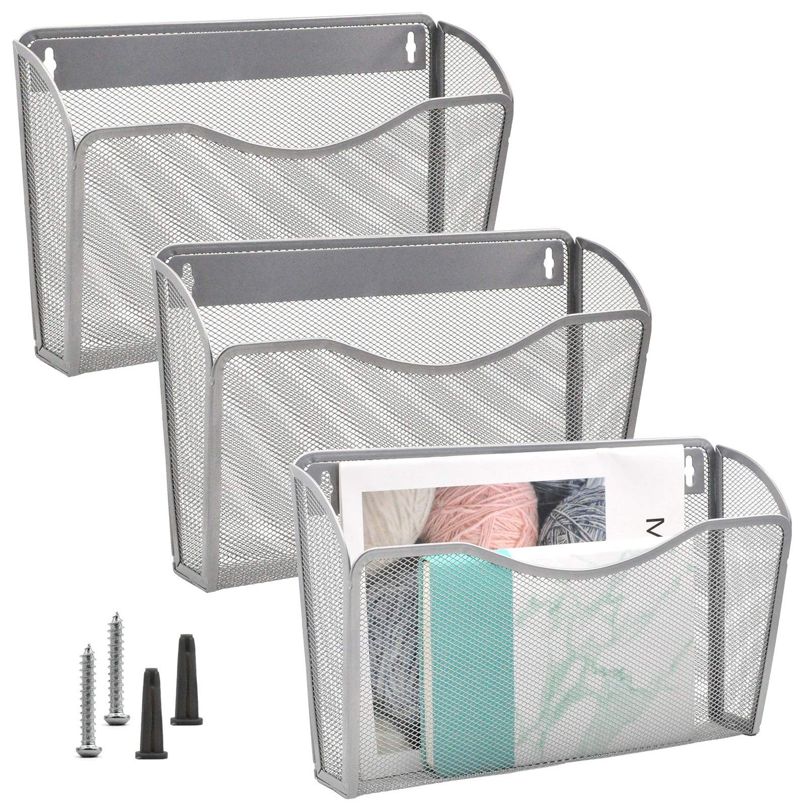 EASEPRES Mesh 3 Pockets Hanging Vertical Wall File Organizer Holder Rack, Sil…