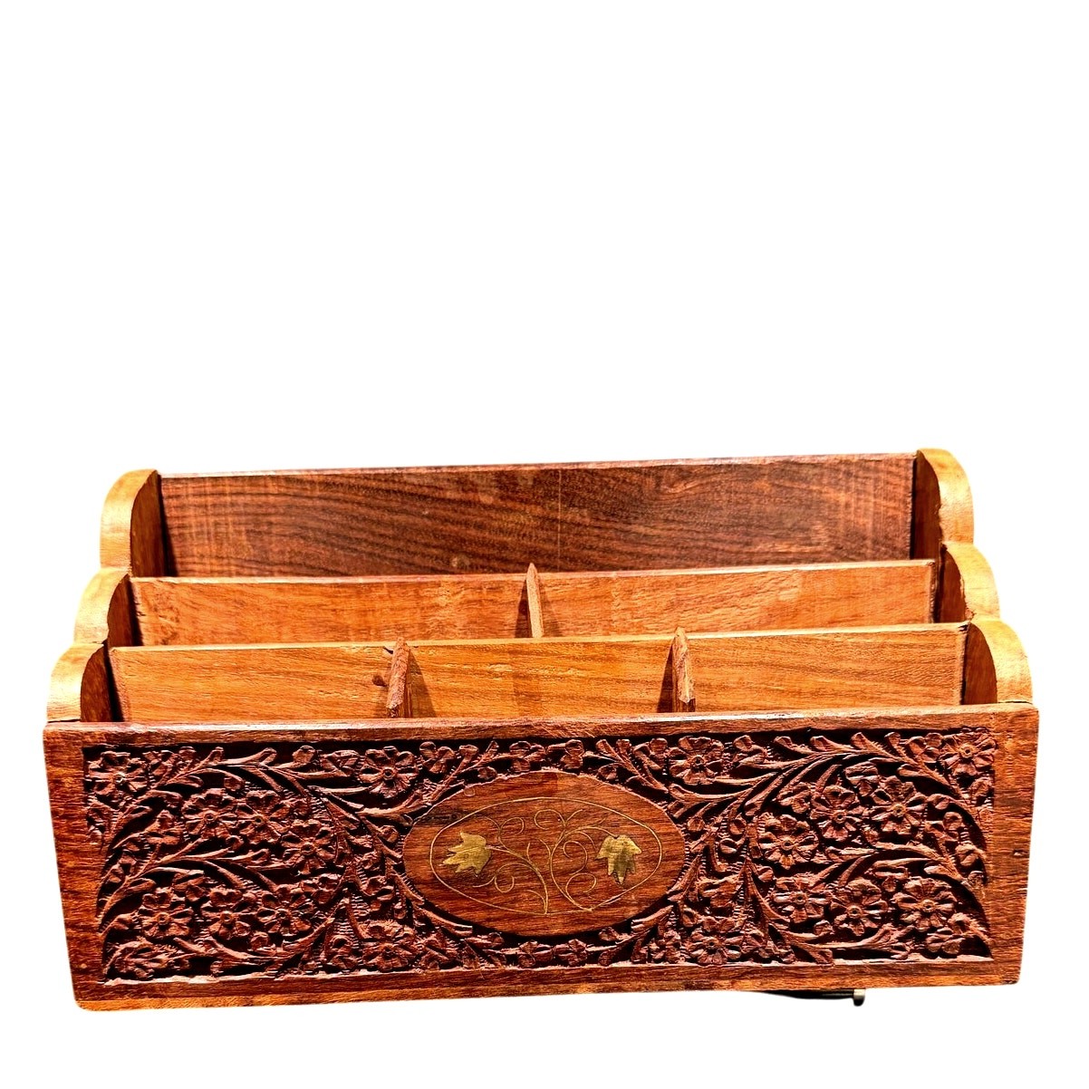Vintage India Hand Carved Floral Wooden Mail Brass Inlay Organizer Letter Holder