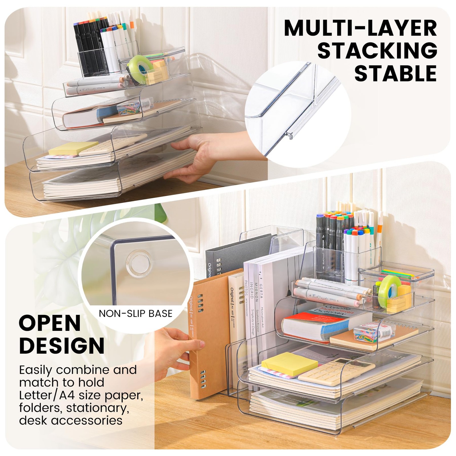 CiWiVOKi Desk Organizer with 2 Vertical File Holder, 4 Tier 6 pc, Clear