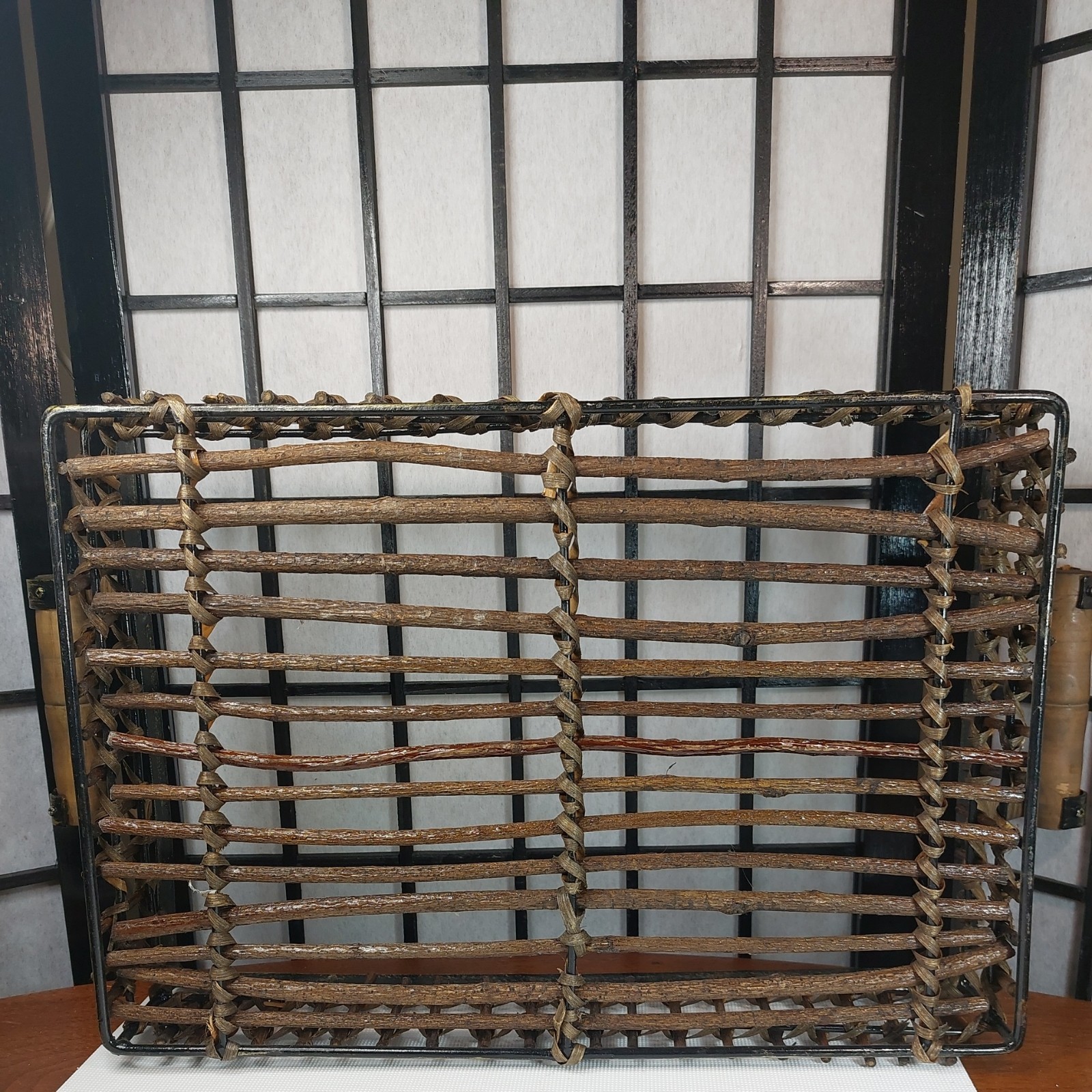 Vtg Lg Natural Wicker- Metal Desk Organizer Basket Letter Mail Holder 20″×10.75″