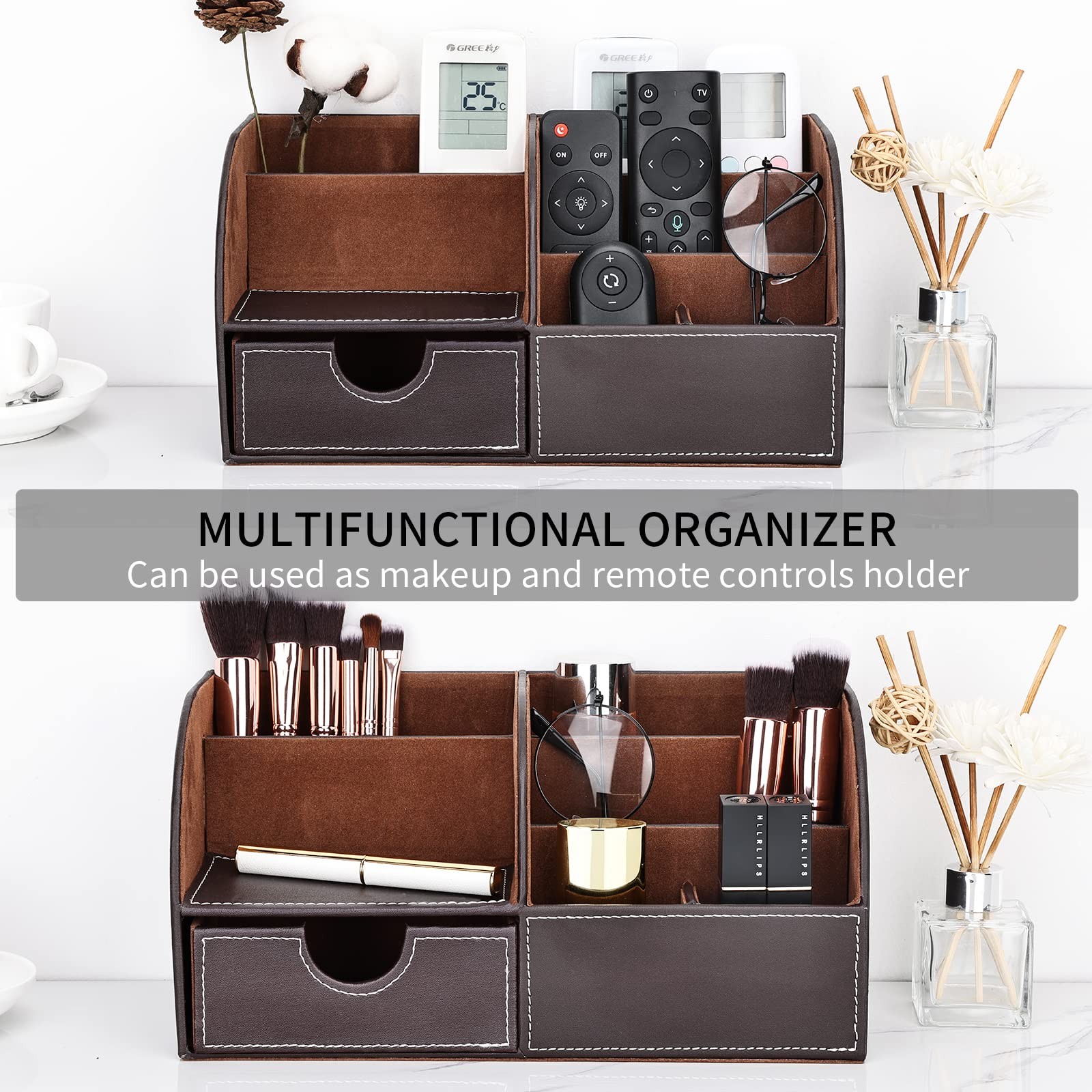 KINGFOM Pu Leather Desk Organizer Pen Pencil Holder Office Supplies Brown