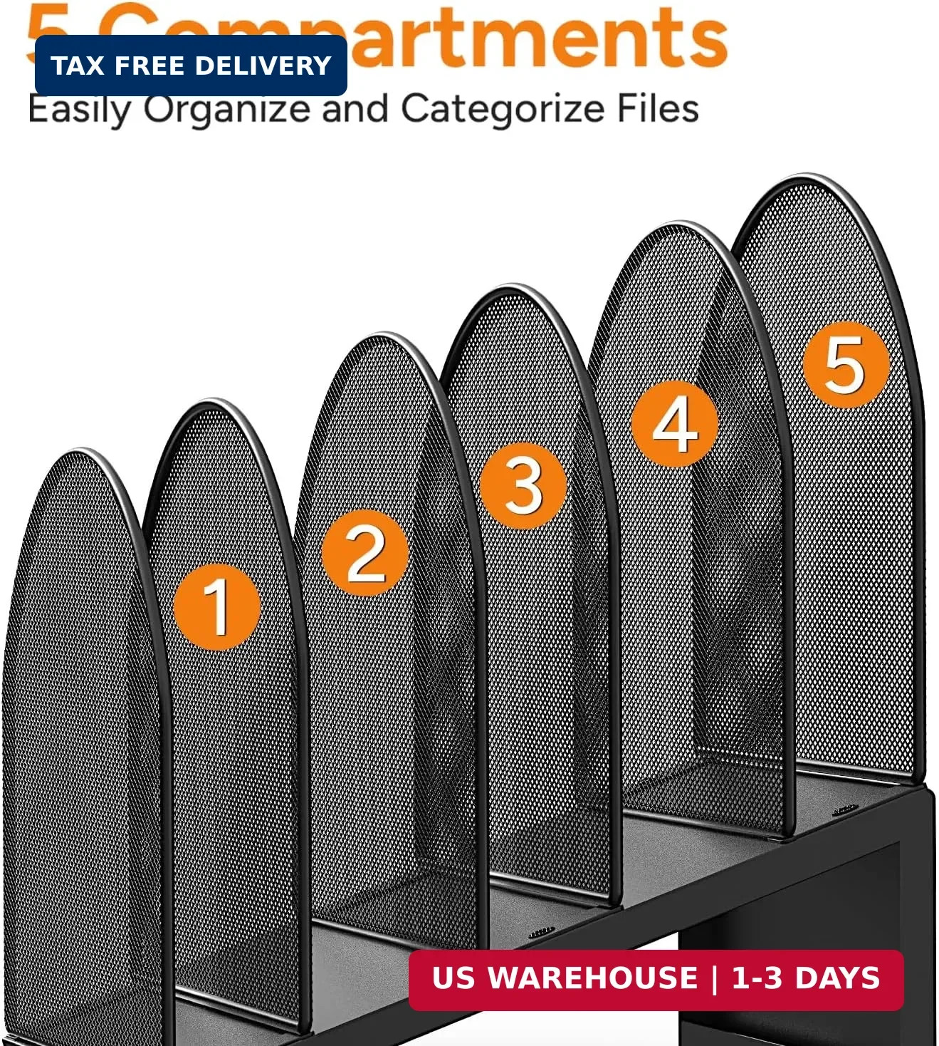 5-Section Desk File Organizer Metal Mesh Folder Organizer, Black | Desk Organize