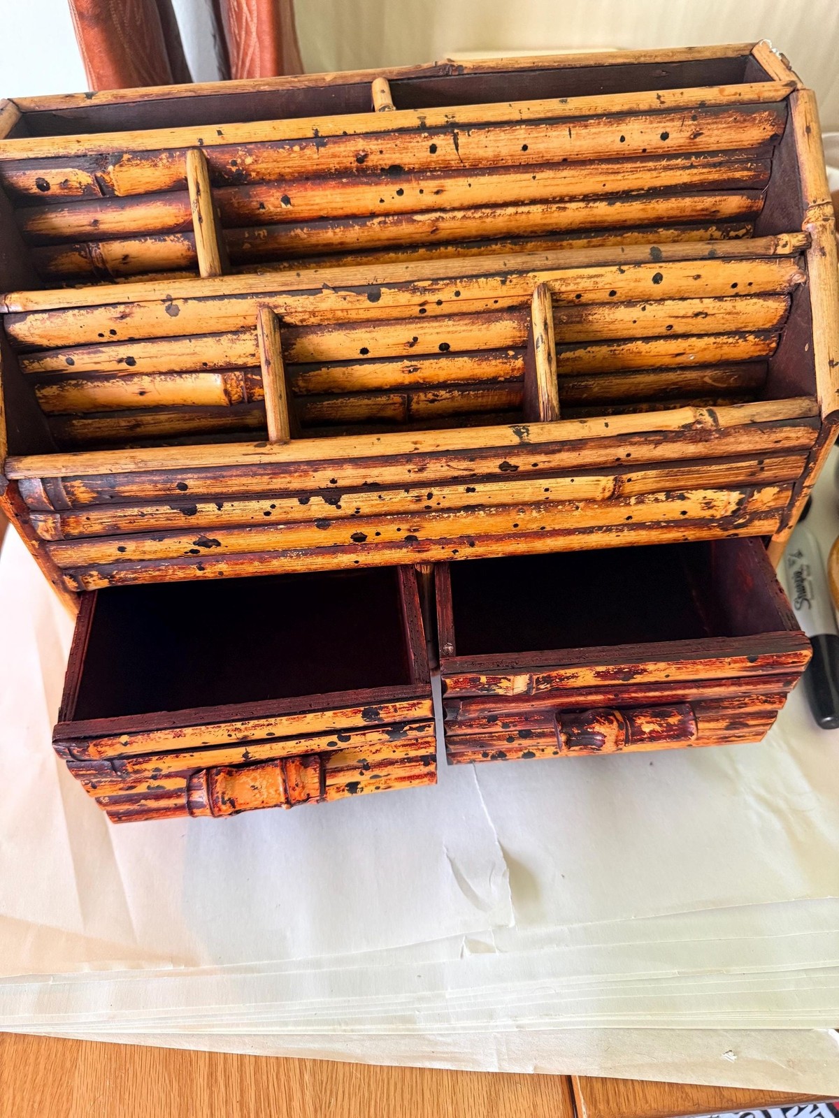 Vintage Bamboo Desk Organizer Letter Holder with Drawers | Boho Office Storage |