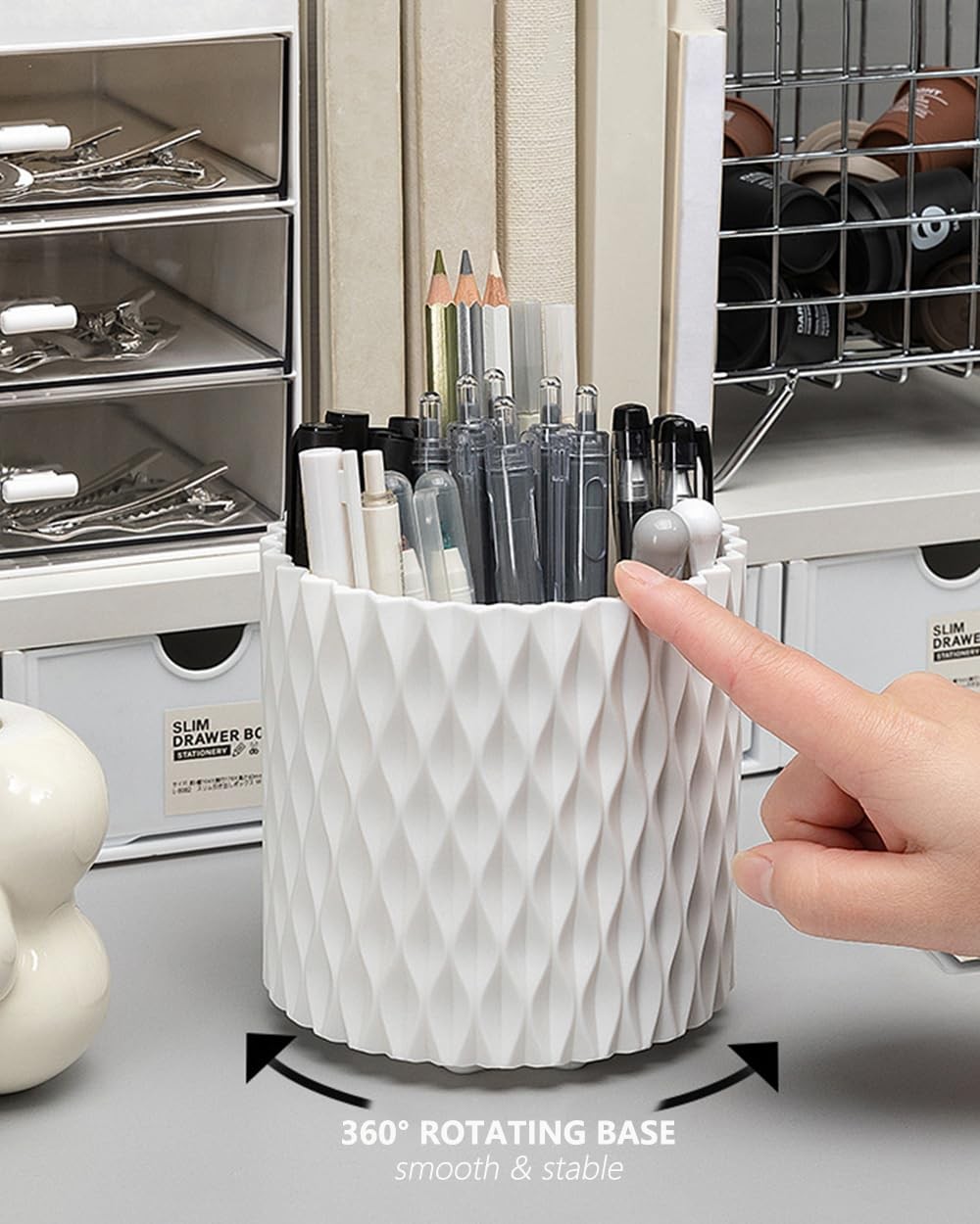 Lebenrich Rotating Pen Holder for Desk, 5 Slots Unique White Desk Organizer E…