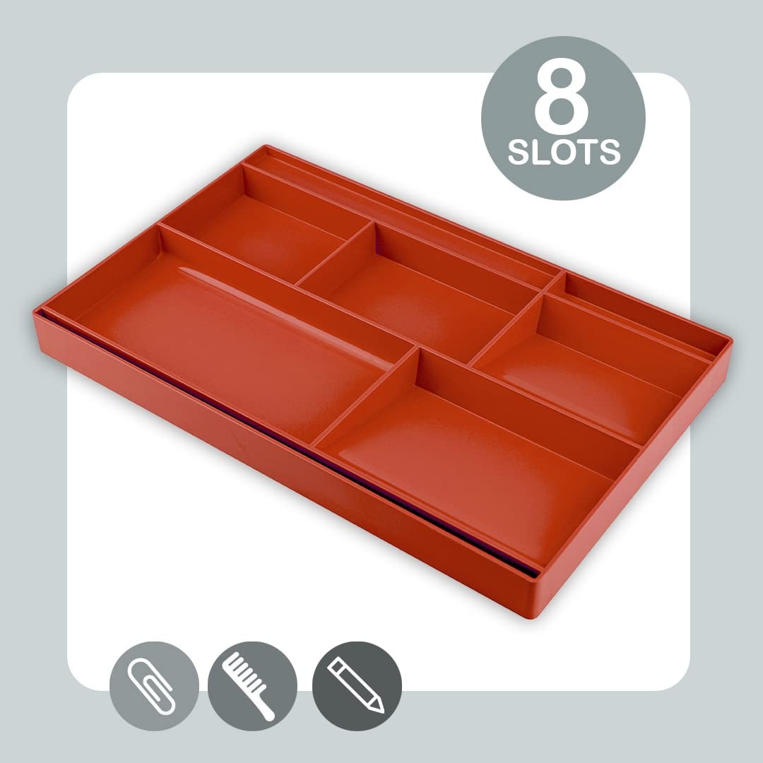 8 Compartment Plastic Desk Drawer Organizer Tray 12.75x8x1.06 Inch Red Color