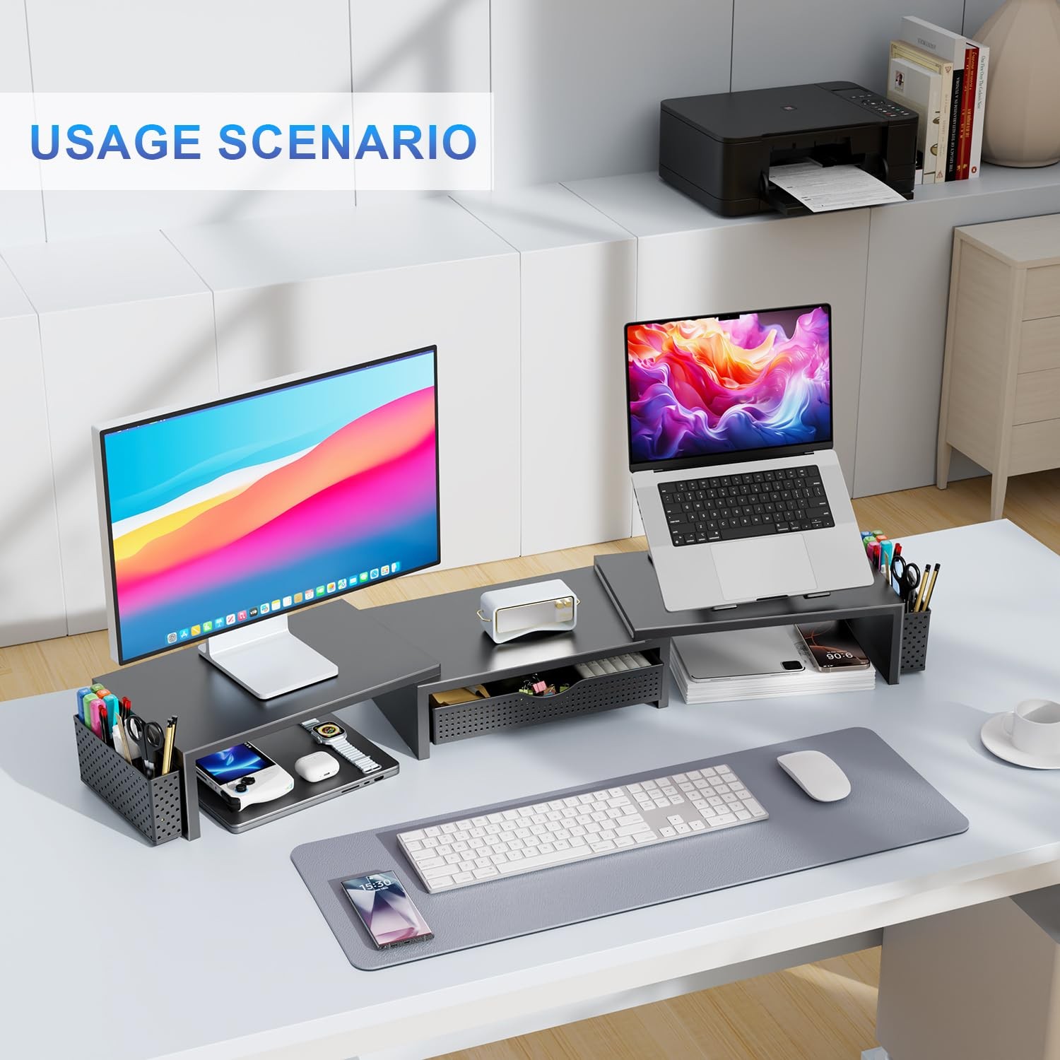 gianotter Dual Monitor Stand Riser, Desk Organizer With Drawer and 2 Black