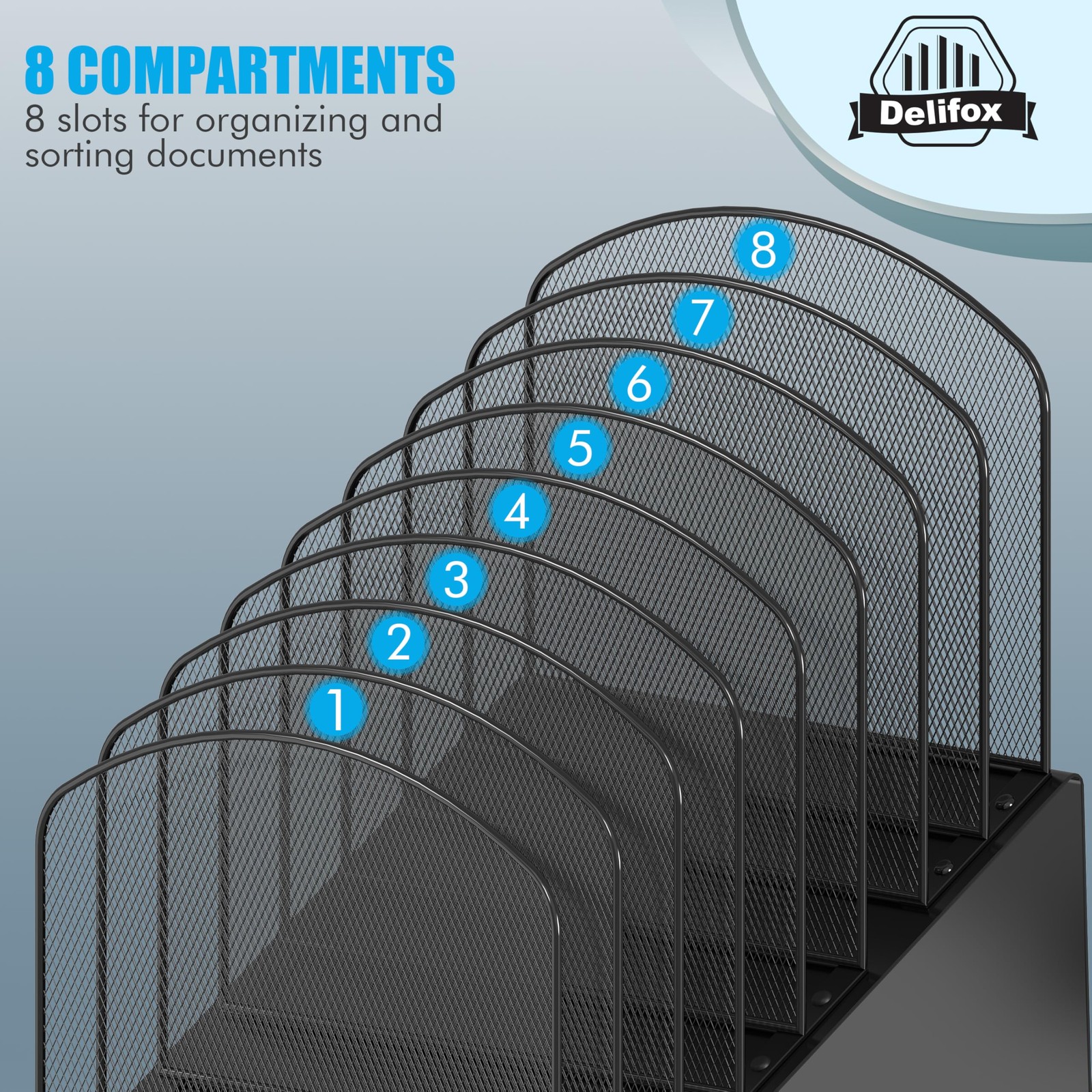 Inclined Desk File Organizer, 8-Section Upright Organizer 1Pack, Black