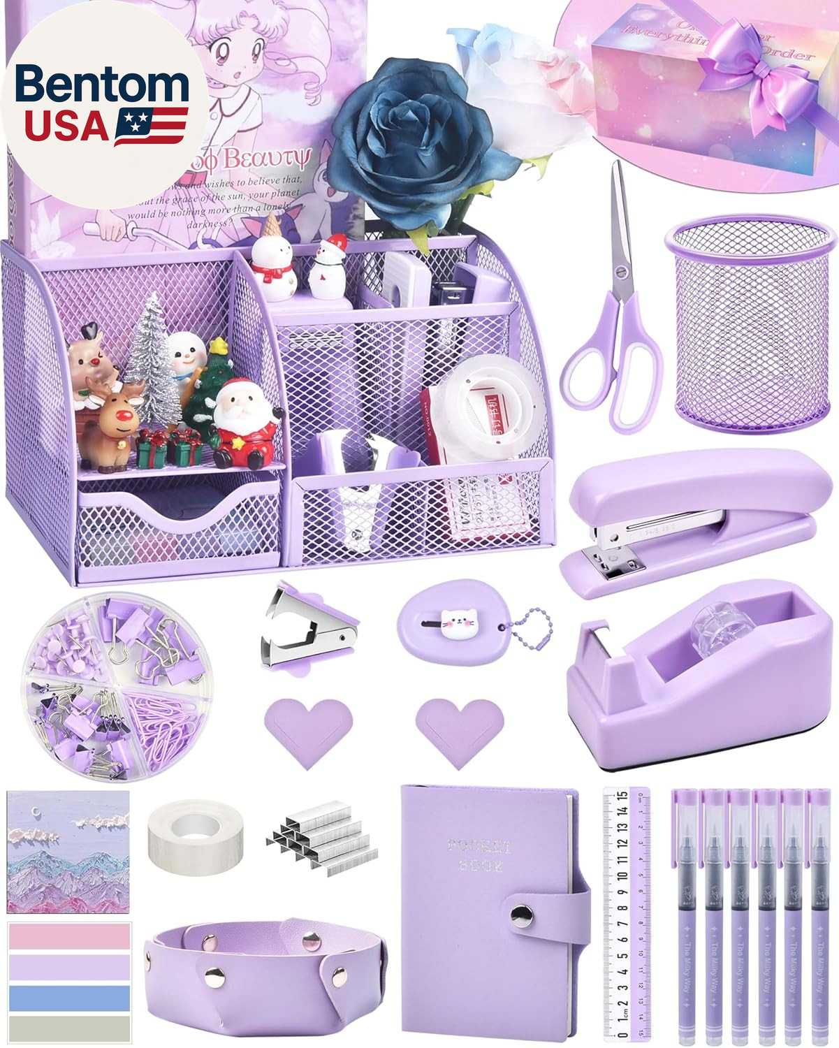 Purple Desk Accessories, 26Pcs Office Supplies and Desk Organizers, with Tape Di