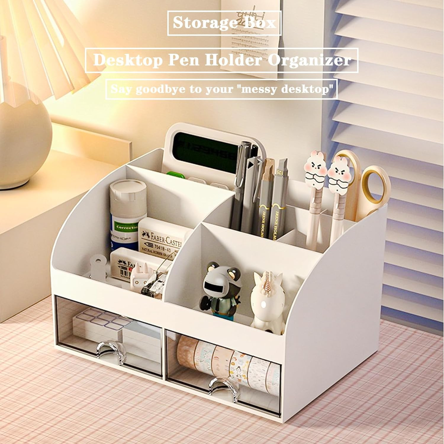 Desk Organizer with Drawers 6 Compartments Pen Holder Makeup Storage White