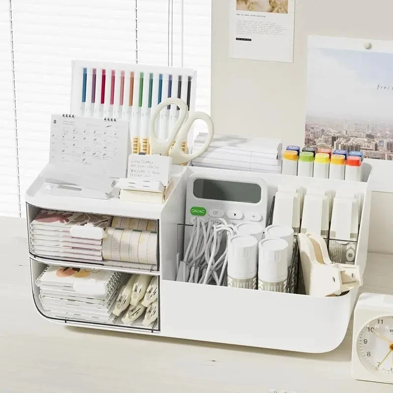 Large Capacity Desk Organizer with 2 Transparent Drawers and Office Supplies Hol