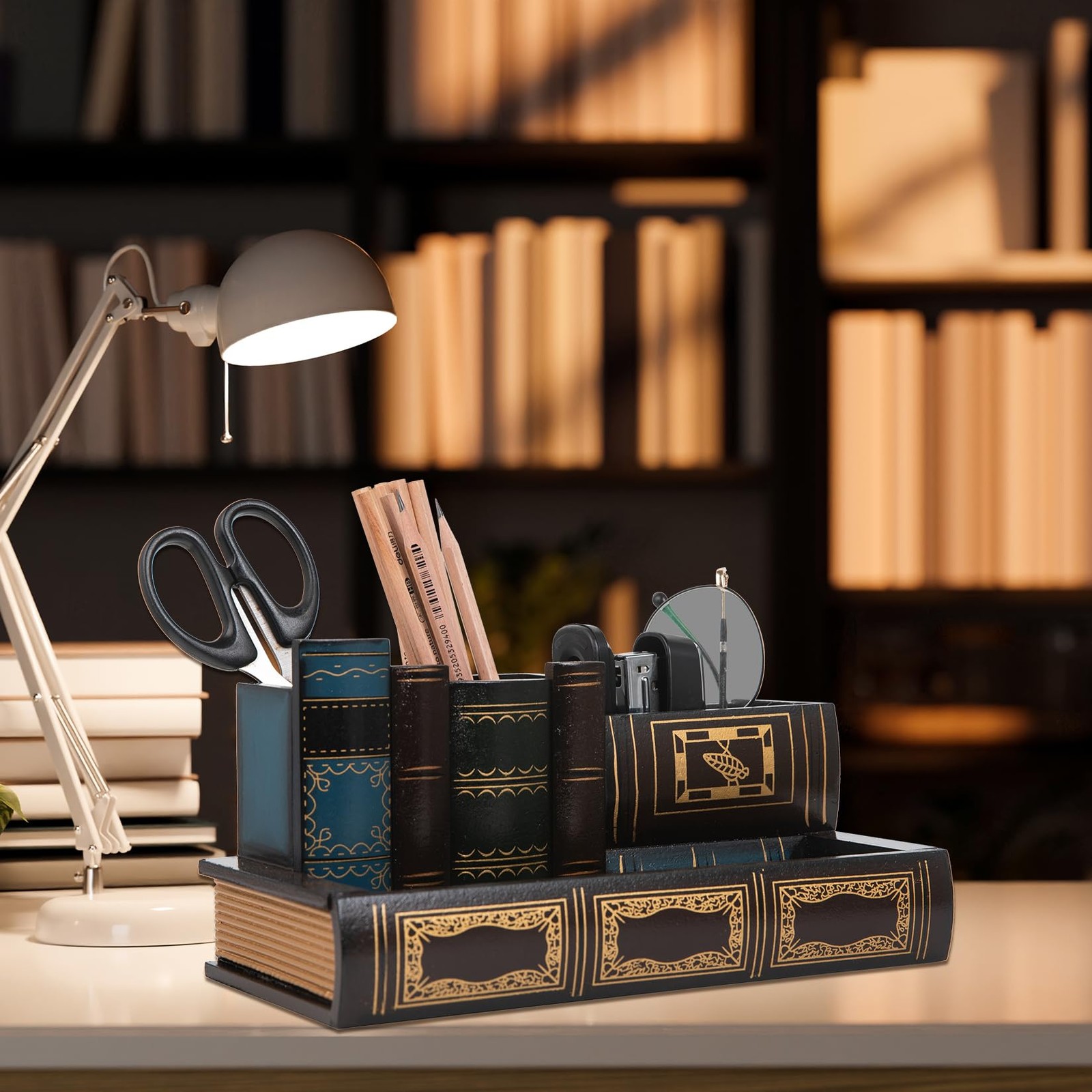 Decorative Pencil and Pen Holder with Storage Drawer, Wooden Desk Organizer C…