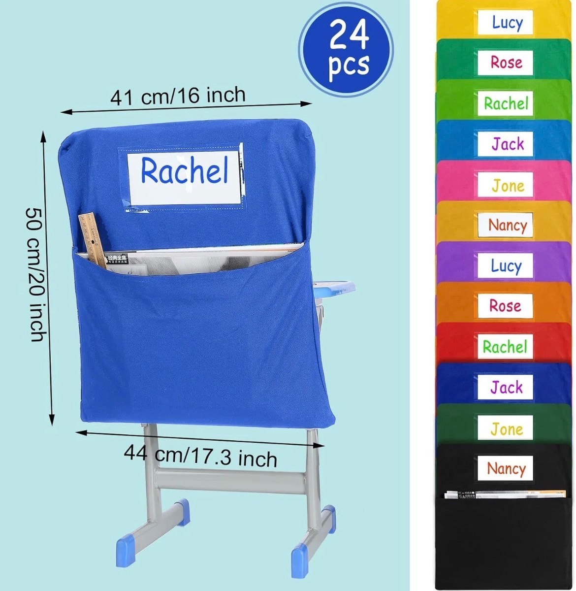 24 Pcs Classroom Chair Storage Pockets with Name Tags – Mixed Colors NEW