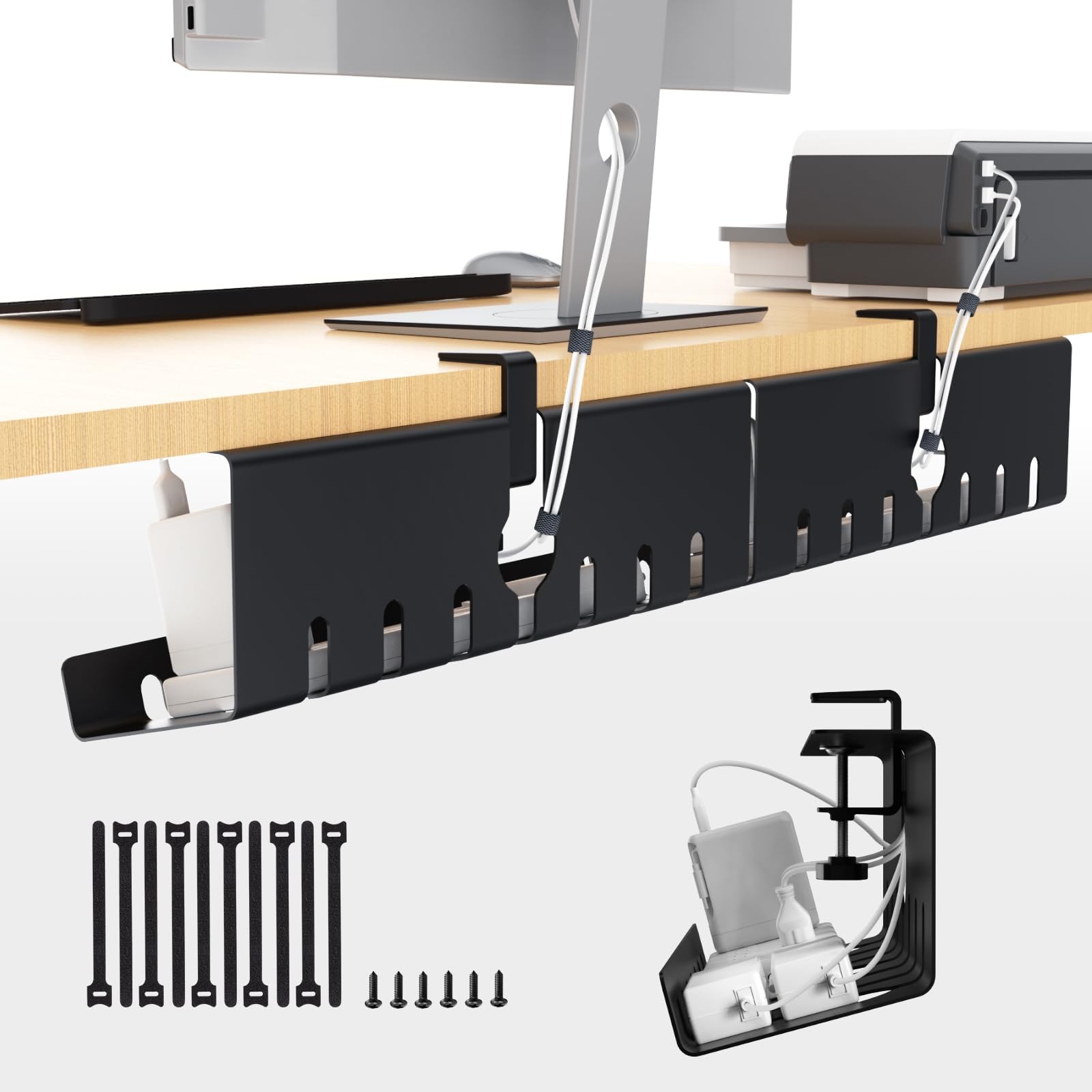 Syeeiex Under Desk Cable Management Tray, 34″ Total Length (17″×2 34″, Black