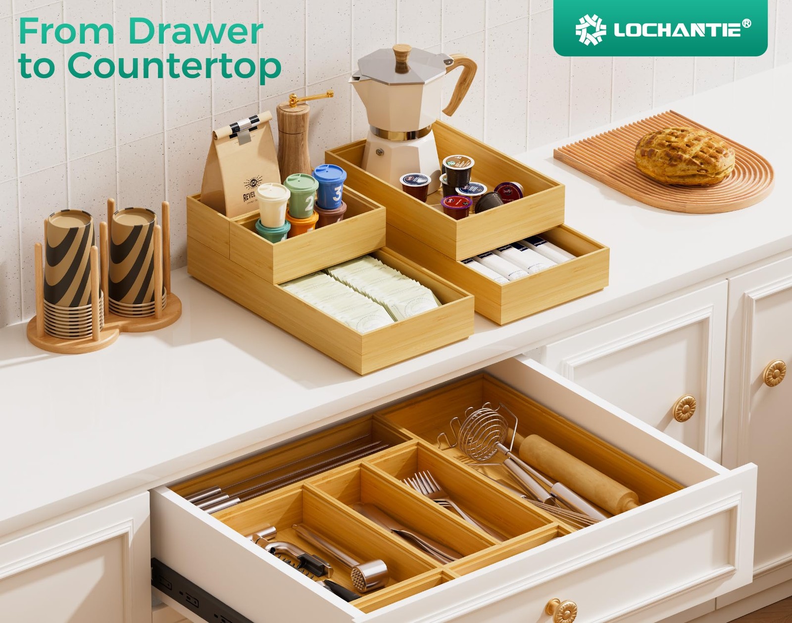 Bamboo Kitchen Drawer Organizer Set of 2, Stackable 15″ x 6″ x 2″,