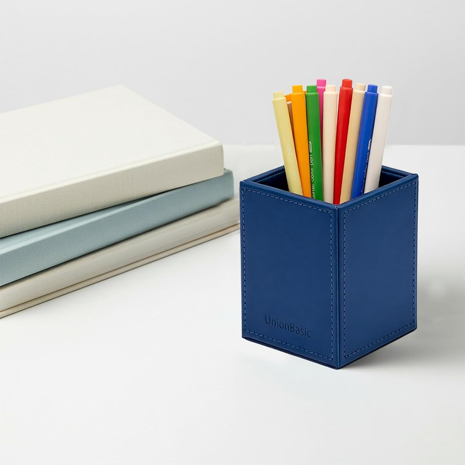 Square Pen Holder, Leather Pencil Cup, Desktop Caddy Stationery Organizer, True