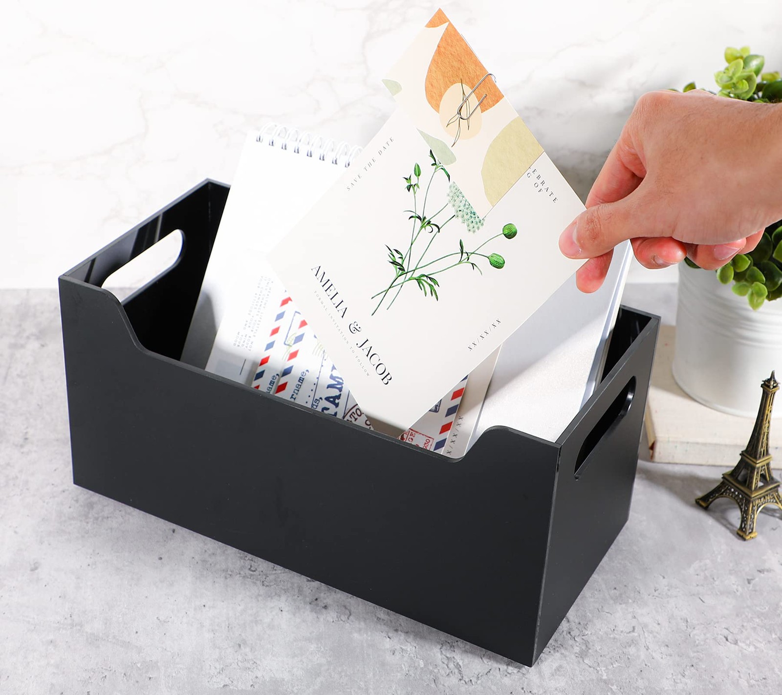 Black Acrylic Mail Holder Countertop Vertical Bill Envelope Sorter Basket