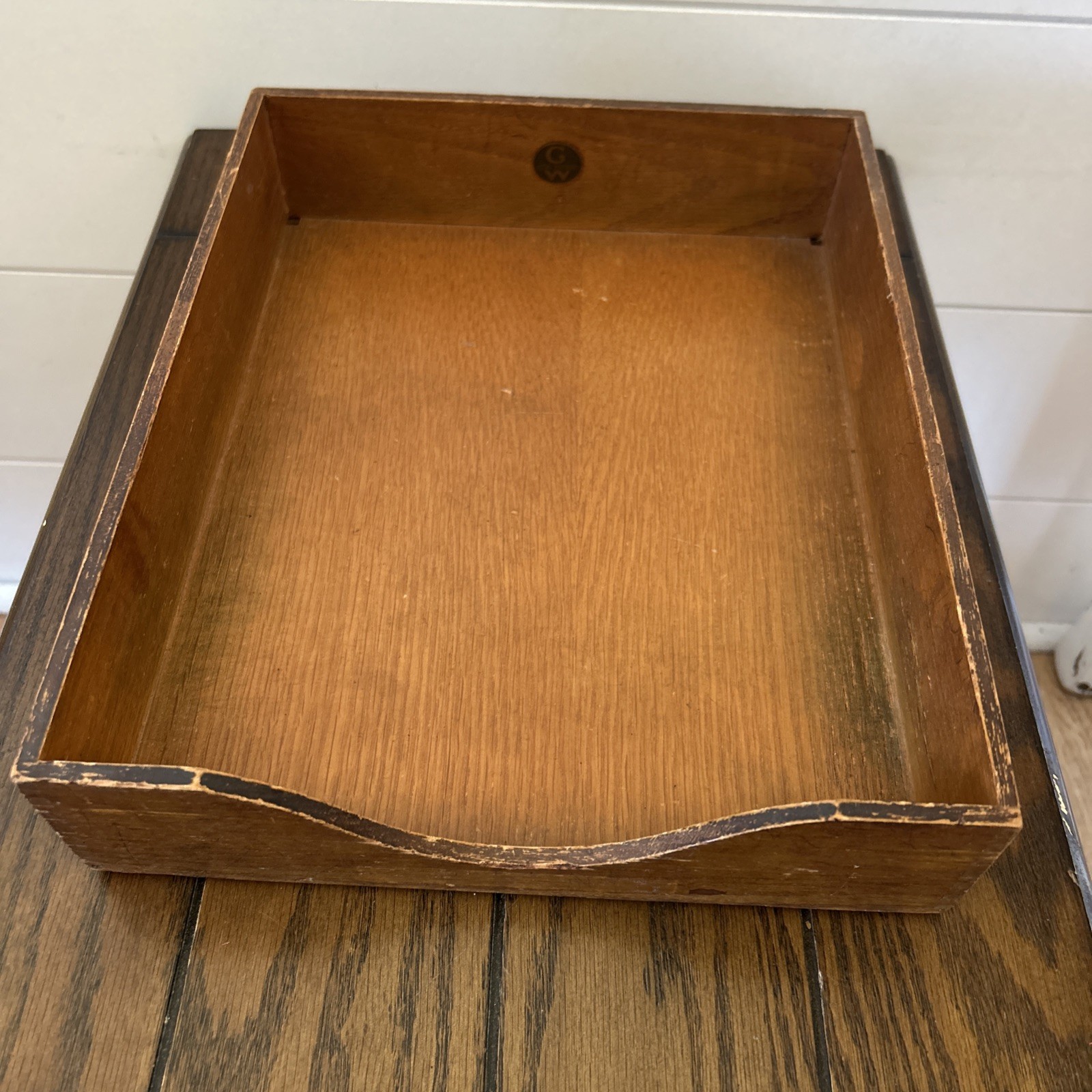 Vtg Wood Tray Desk Top In Out Letter Box Dovetail Paper Office Mail File 10″X12″