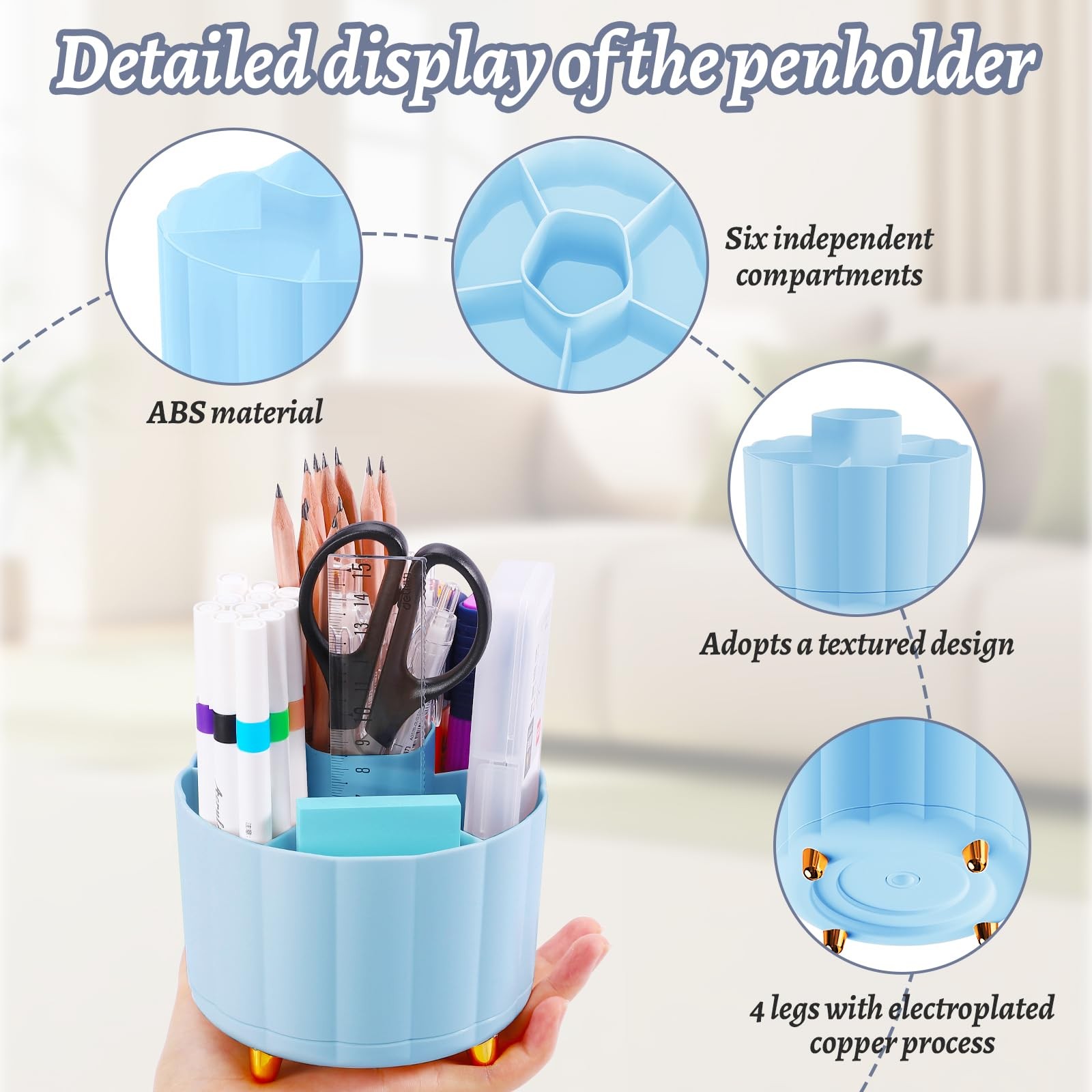 360 Degree Rotating Pen Holder for Desk, 6 Slots Desktop Organizer Caddy for Pen