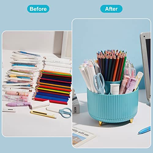 360 Degree Rotation Pen Holder, 5 Slots Office Desk Pen Organizer Multi Blue