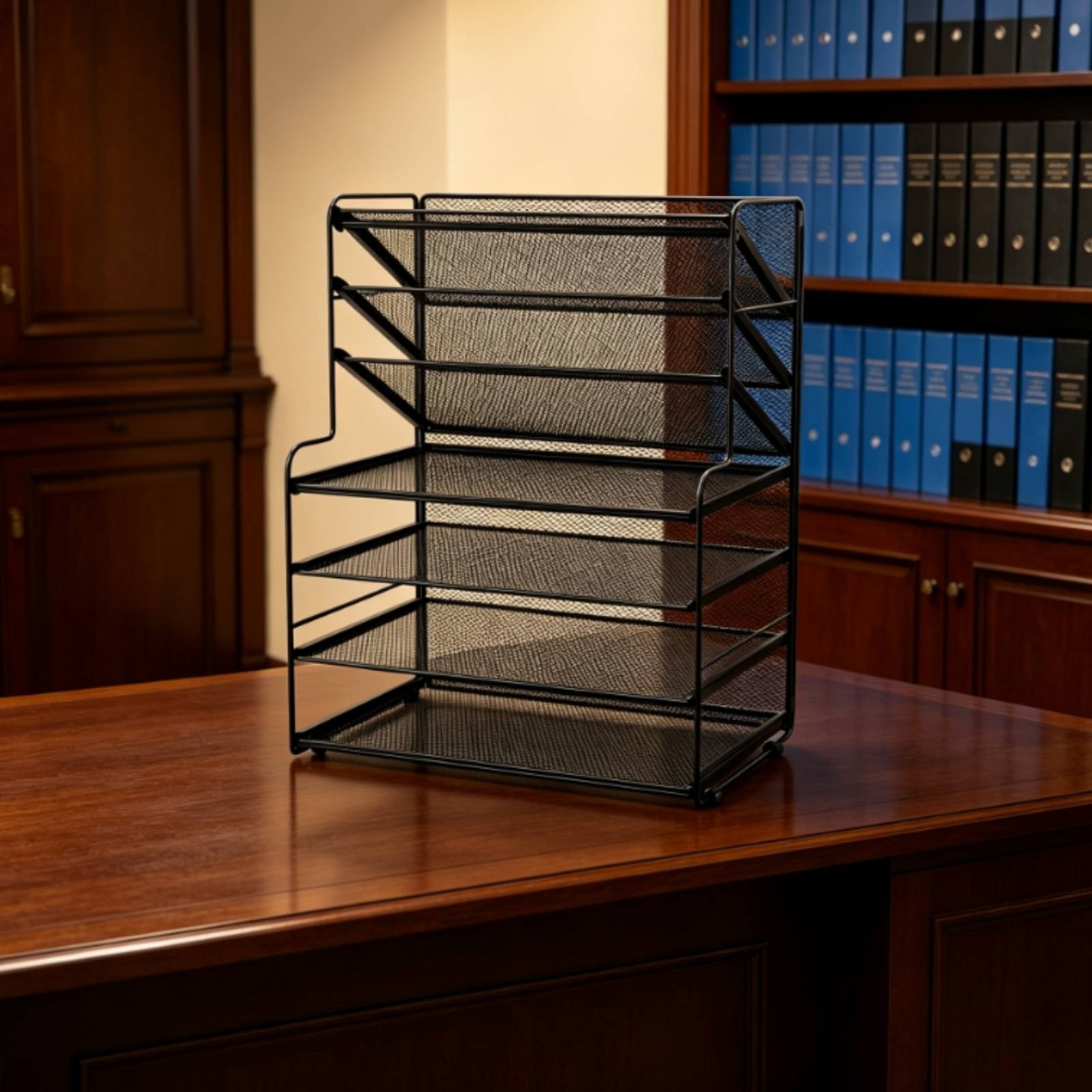 Document Rack with Side Baskets Slanted Mesh Desk Organizer Stepped for