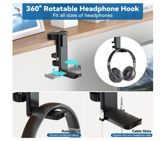2in1 Headphone Hanger with Desk Cup Holder Under Desk Rotatable Headset Holder S