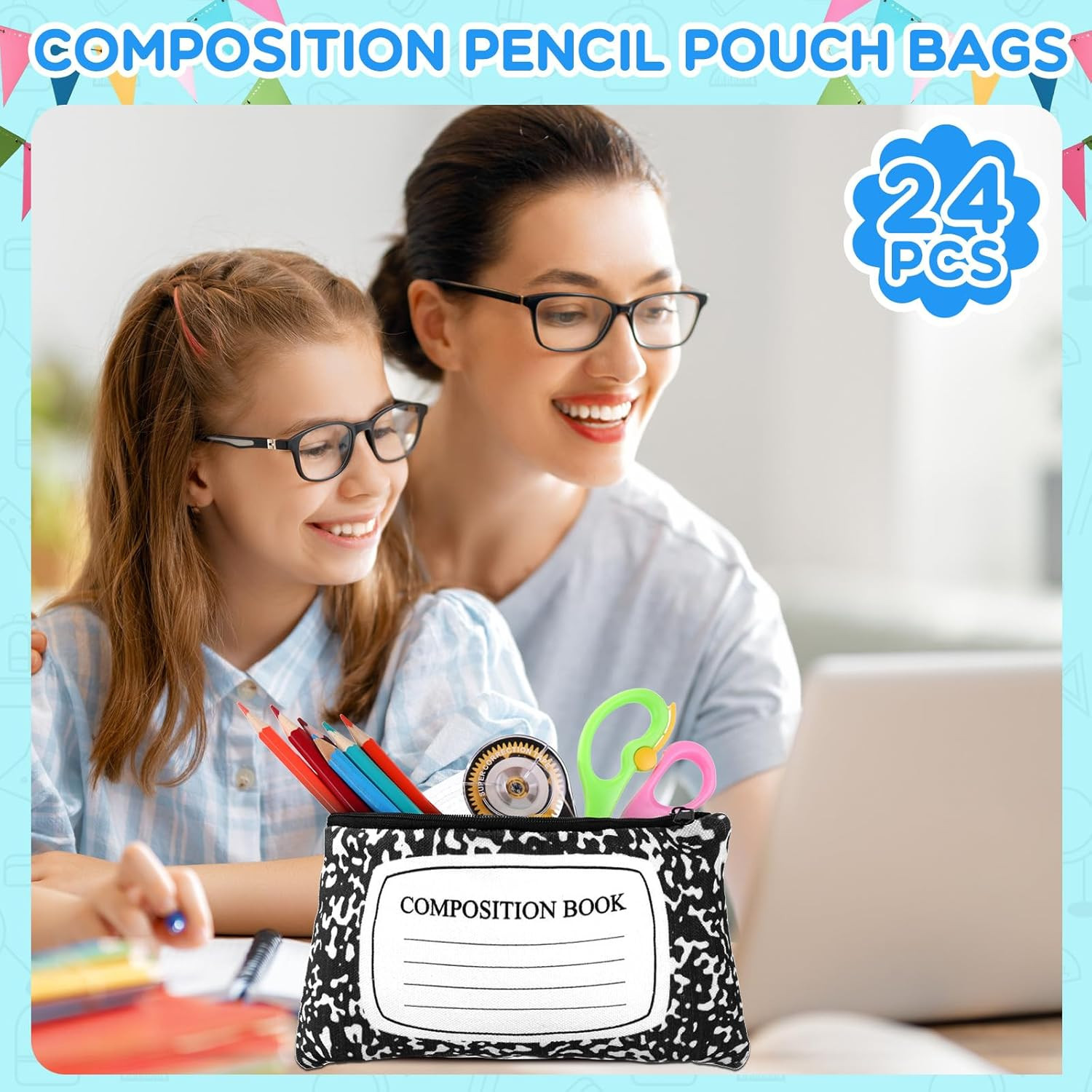 24 Pcs Composition Book Pencil Pouches Canvas Zipper Pencil Case Pen Bags Bulk W