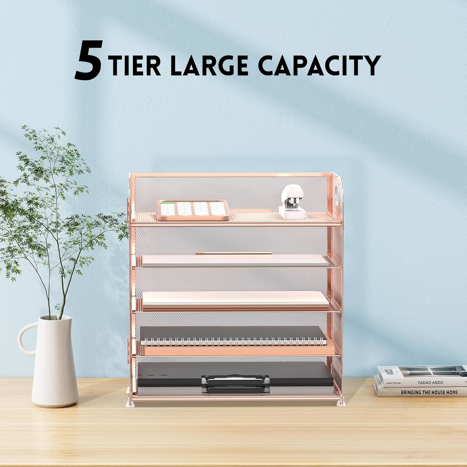5 Trays Paper Organizer Letter Tray with Handle-Mesh Desk File Organizer, Paper