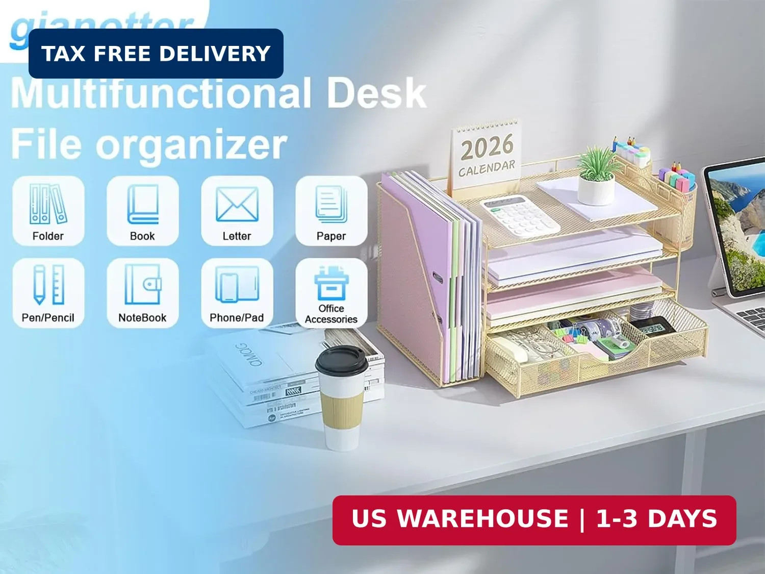 gianotter Desk Organizers and Accessories with File Holder, 4-Tier Desk Accessor