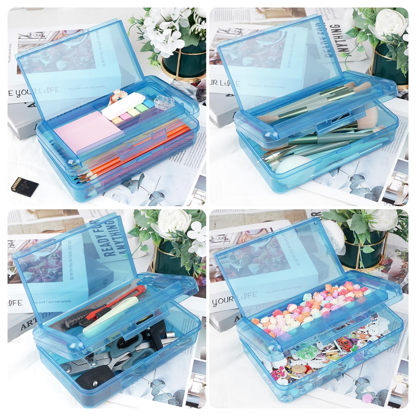 Plastic Pencil Box, Large Capacity Pencil Case, Pencil Boxes Double Layer Blue