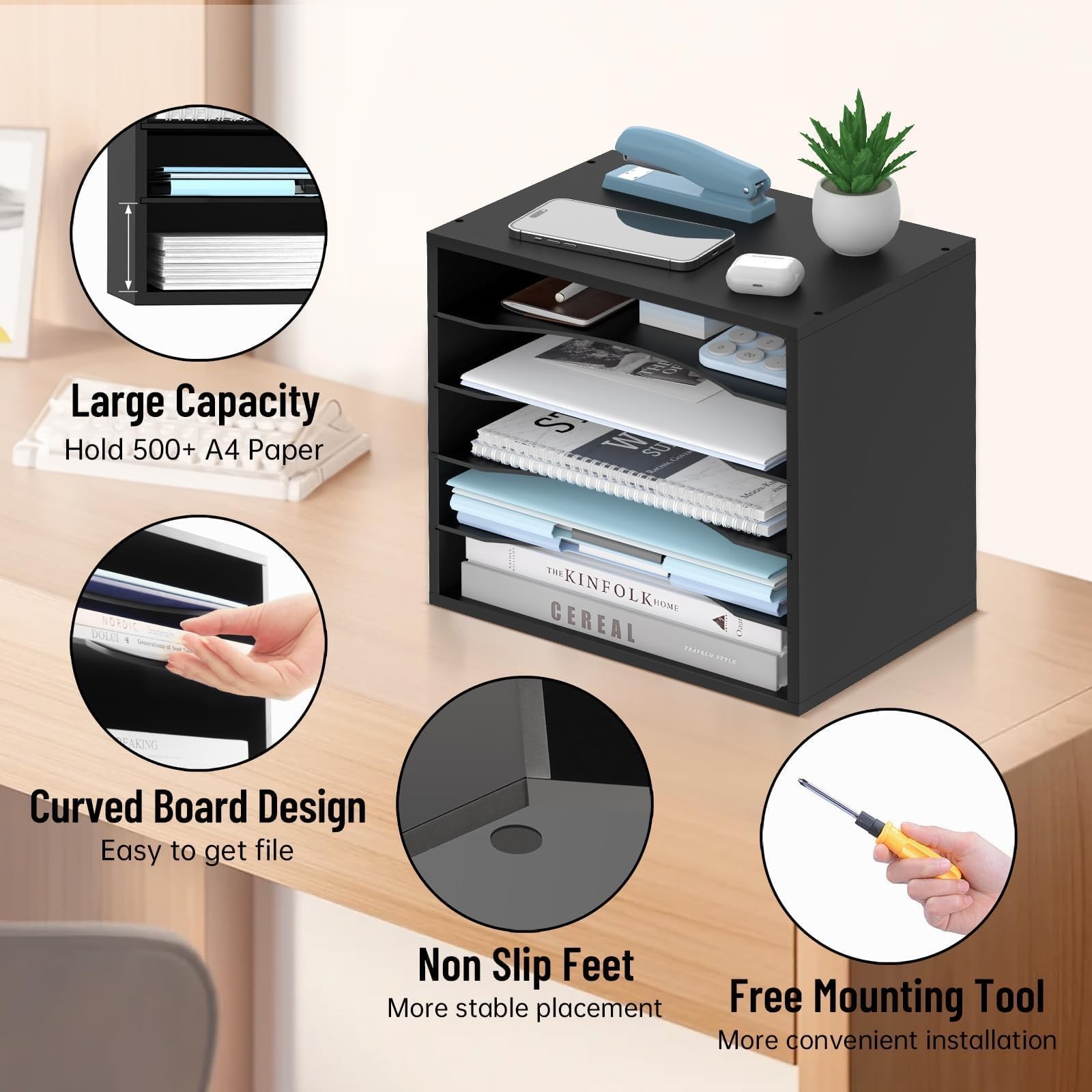 SHARKWOODS 5-Tier Wood Desk Organizer, Paper Tray Organizer for 5 Tier, Black