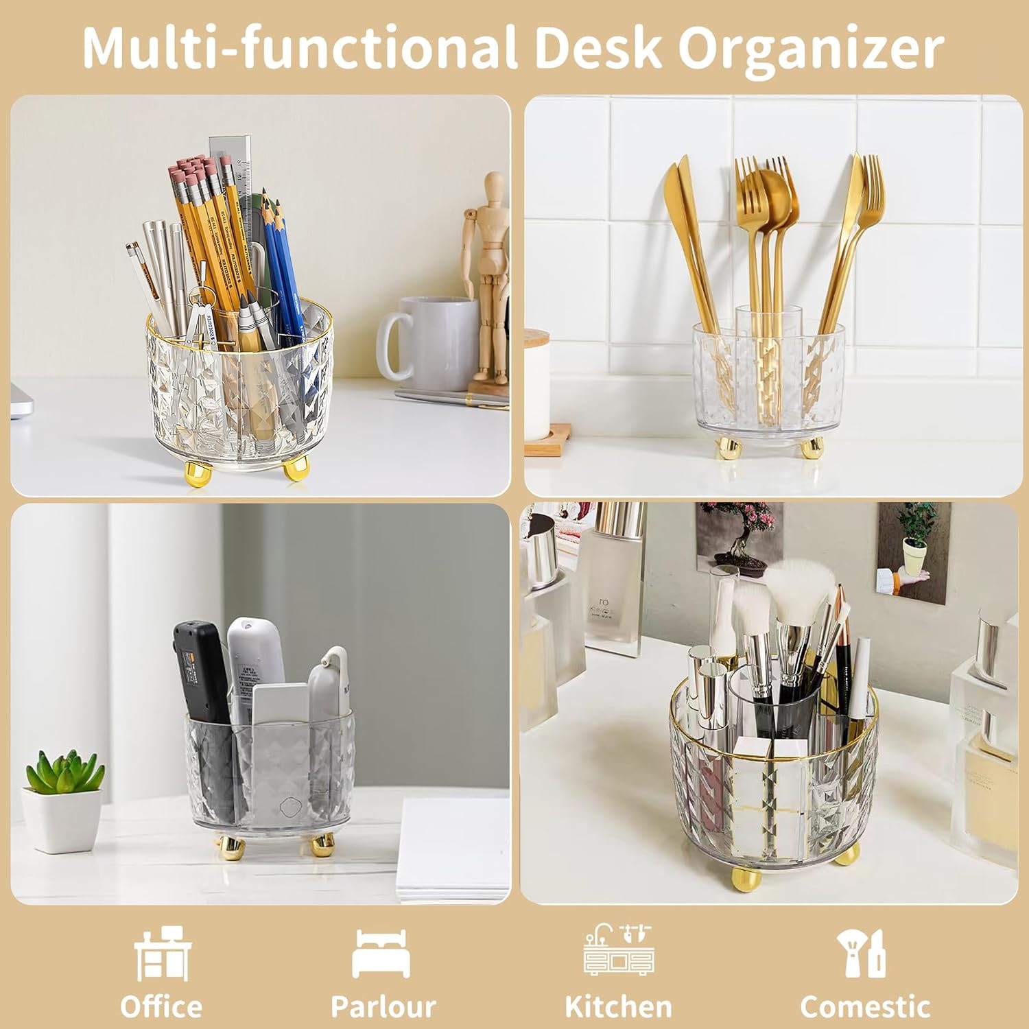 Gold Desk Accessories, Office Desk Organizers and Accessories 360°Pen Holder Acr