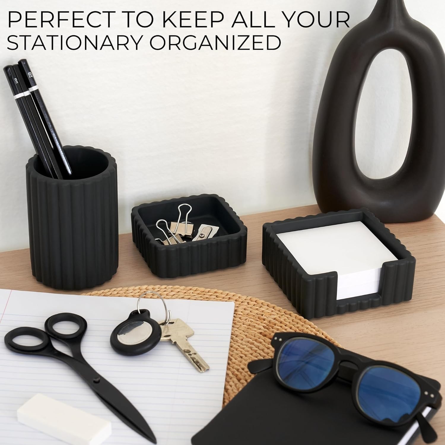 Modern Concrete Desk Organizer Set for Pens & Supplies – Black Brushed Finish