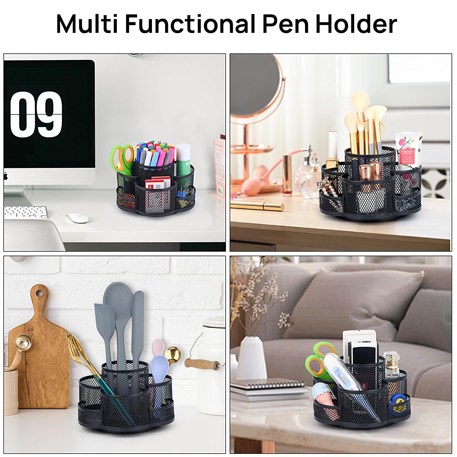 Topwey Pen Holder for Desk, 360 Rotating Pencil Holder, Cup Black