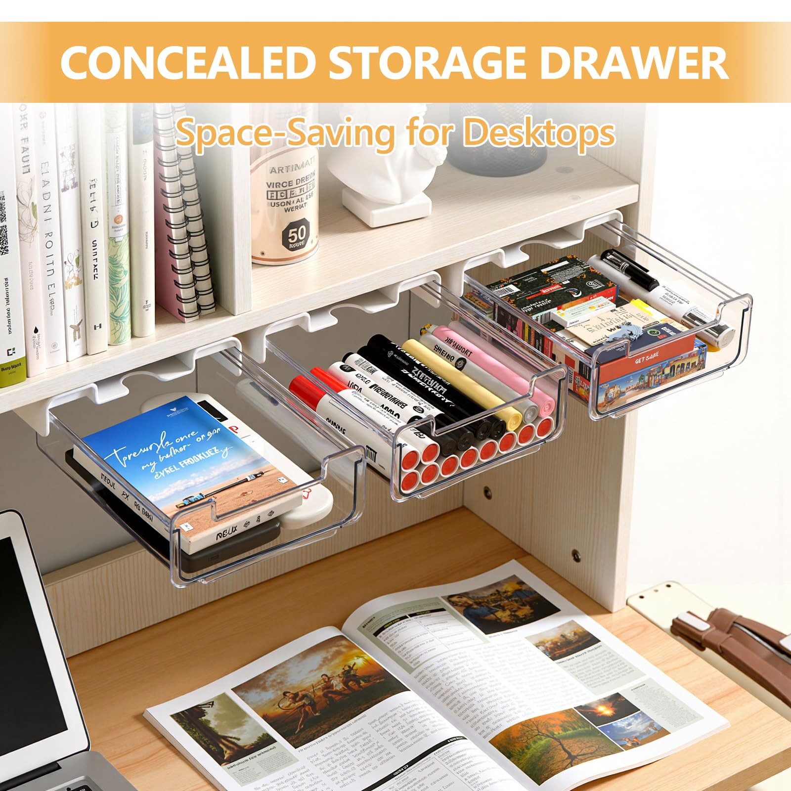 ACUDUDOMA Under Desk Storage Drawers Self-Adhesive Easy 2 Pack, Clear&White