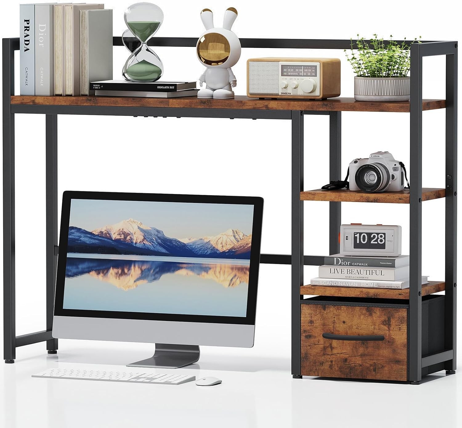 Marbrasse Desk Shelf with Drawer, 40″ 40″L × 9.5″W × 29.5″H, Dark Brown