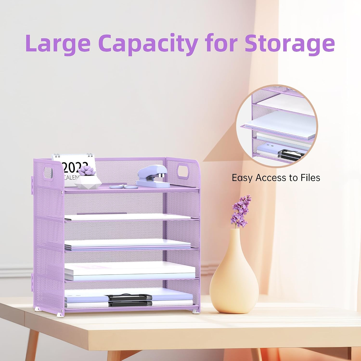 2 Pack 5-Tier Purple Desk Organizer with Handle Mesh Desk File/Paper Organizer L
