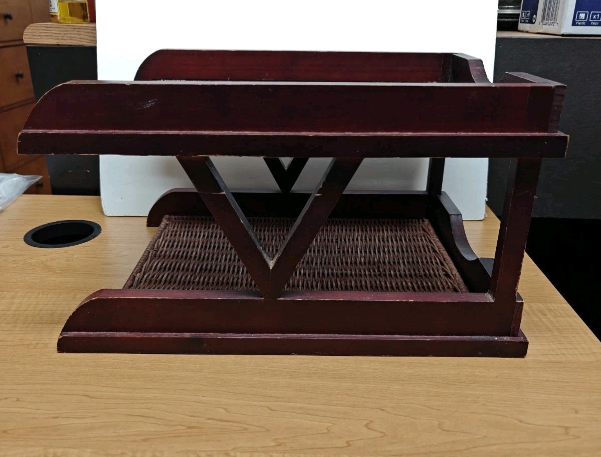 Vintage Wood Letter Tray Desk Organizer Woven Rattan 2 Tier Office Holder