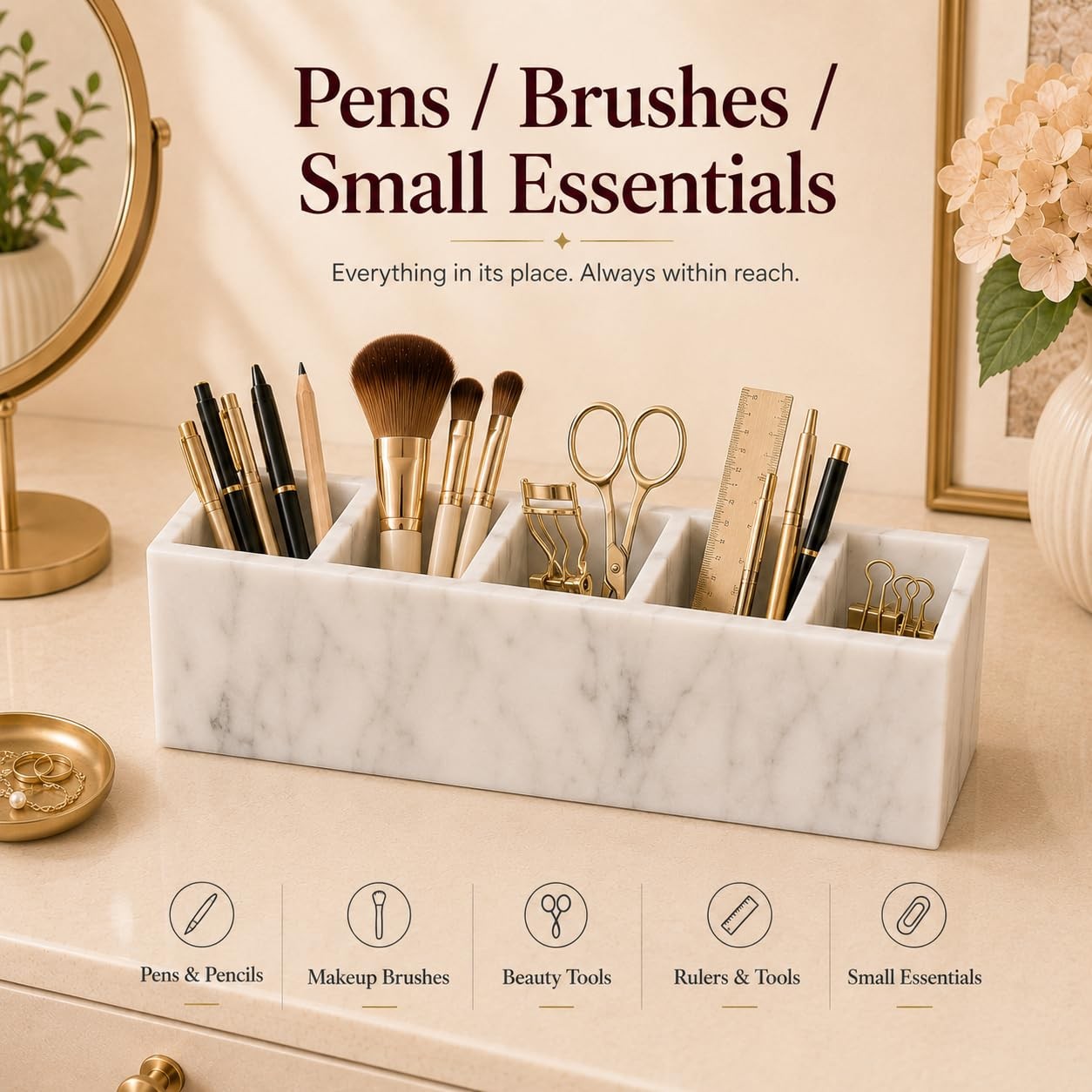 Natural White Marble 5-Compartment Desk Organizer for Pens & Brushes